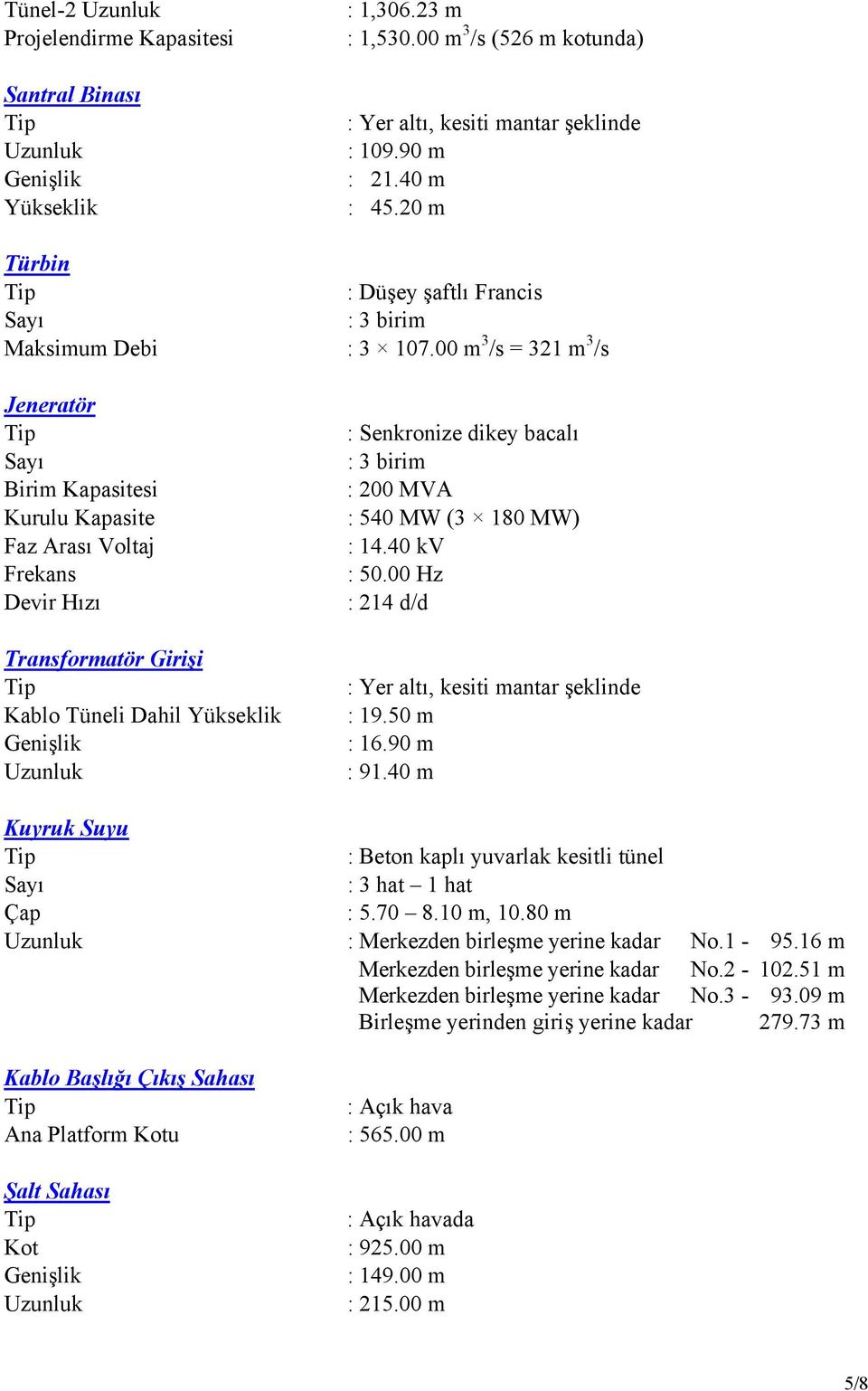 00 m 3 /s = 321 m 3 /s Jeneratör Sayı Birim Kapasitesi Kurulu Kapasite Faz Arası Voltaj Frekans Devir Hızı Transformatör Girişi Kablo Tüneli Dahil Yükseklik Genişlik Uzunluk : Senkronize dikey bacalı