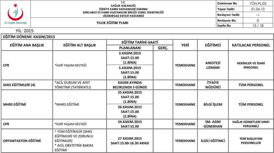 BİNA) KASIM AYINDA BELİRLENEN 3 GÜNDE 25.KASIM.2015 (1.BİNA) 26.KASIM.2015 (2.BİNA) 24.KASIM.2015 27 KASIM.2015-16.