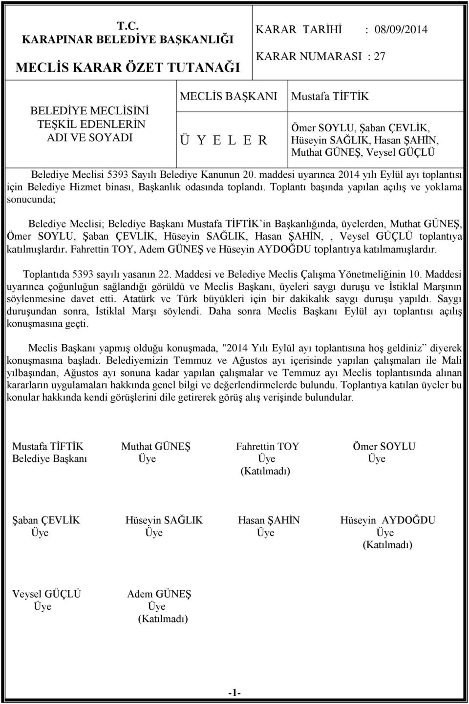 Fahrettin TOY, ve Hüseyin AYDOĞDU toplantıya katılmamışlardır. Toplantıda 5393 sayılı yasanın 22. Maddesi ve Belediye Meclis Çalışma Yönetmeliğinin 10.