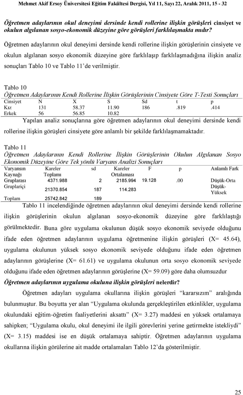 Tablo 10 ve Tablo 11 de verilmiģtir. Tablo 10 Öğretmen Adaylarının Kendi Rollerine İlişkin Görüşlerinin Cinsiyete Göre T-Testi Sonuçları Cinsiyet N X S Sd t p Kız 131 58.37 11.90 186.819.