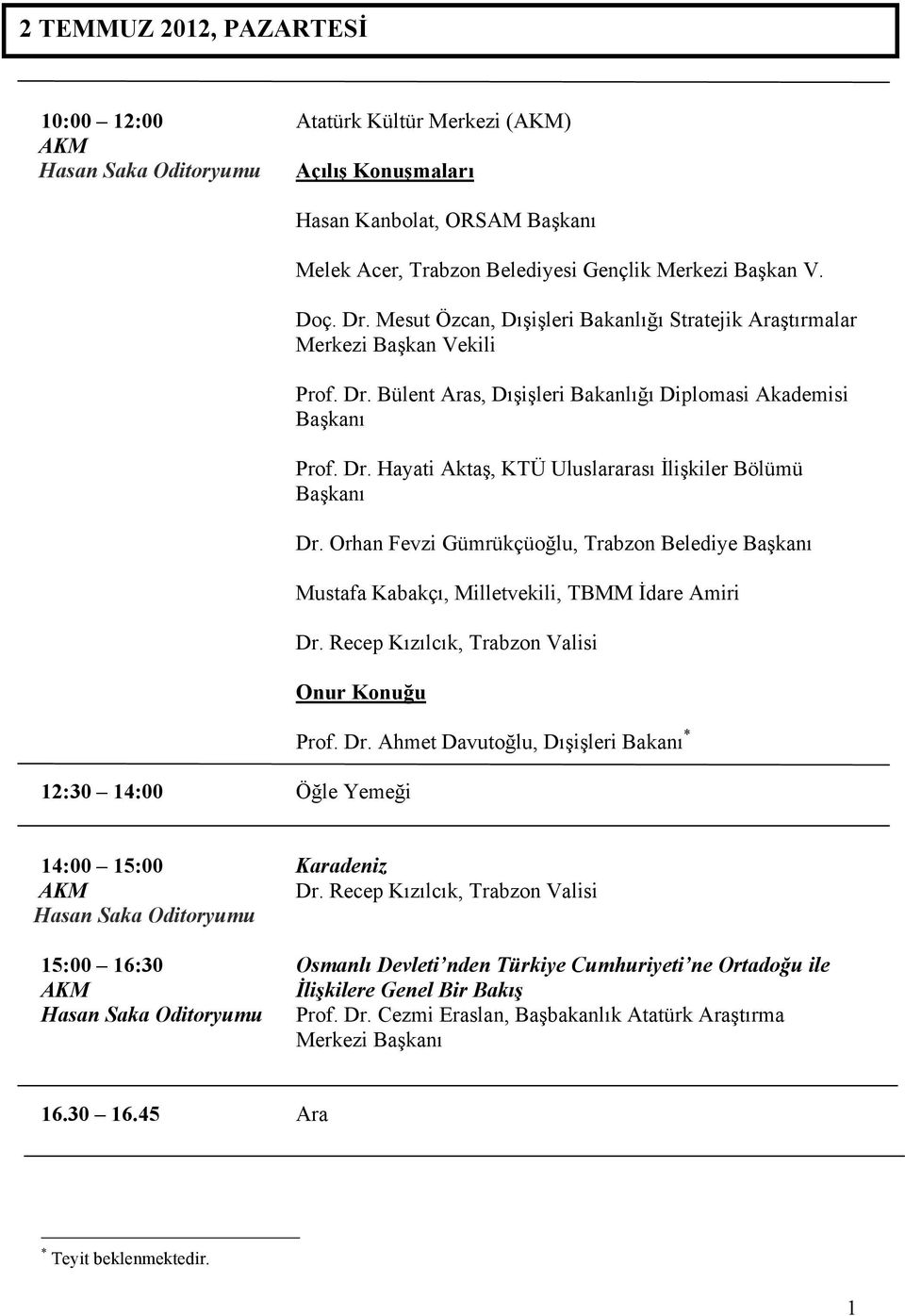 Orhan Fevzi Gümrükçüo lu, Trabzon Belediye Ba kan Mustafa Kabakç, Milletvekili, TBMM dare Amiri Dr. Recep K z lc k, Trabzon Valisi Onur Konu u 12:30 14:00 Ö le Yeme i Prof. Dr. Ahmet Davuto lu, D i leri Bakan * 14:00 15:00 Karadeniz Dr.