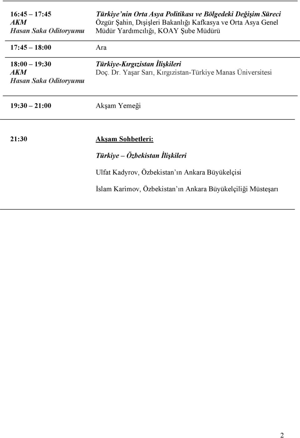 Ya ar Sar, K rg zistan-türkiye Manas Üniversitesi Hasan Saka Oditoryumu 19:30 21:00 Ak am Yeme i 21:30 Ak am Sohbetleri: