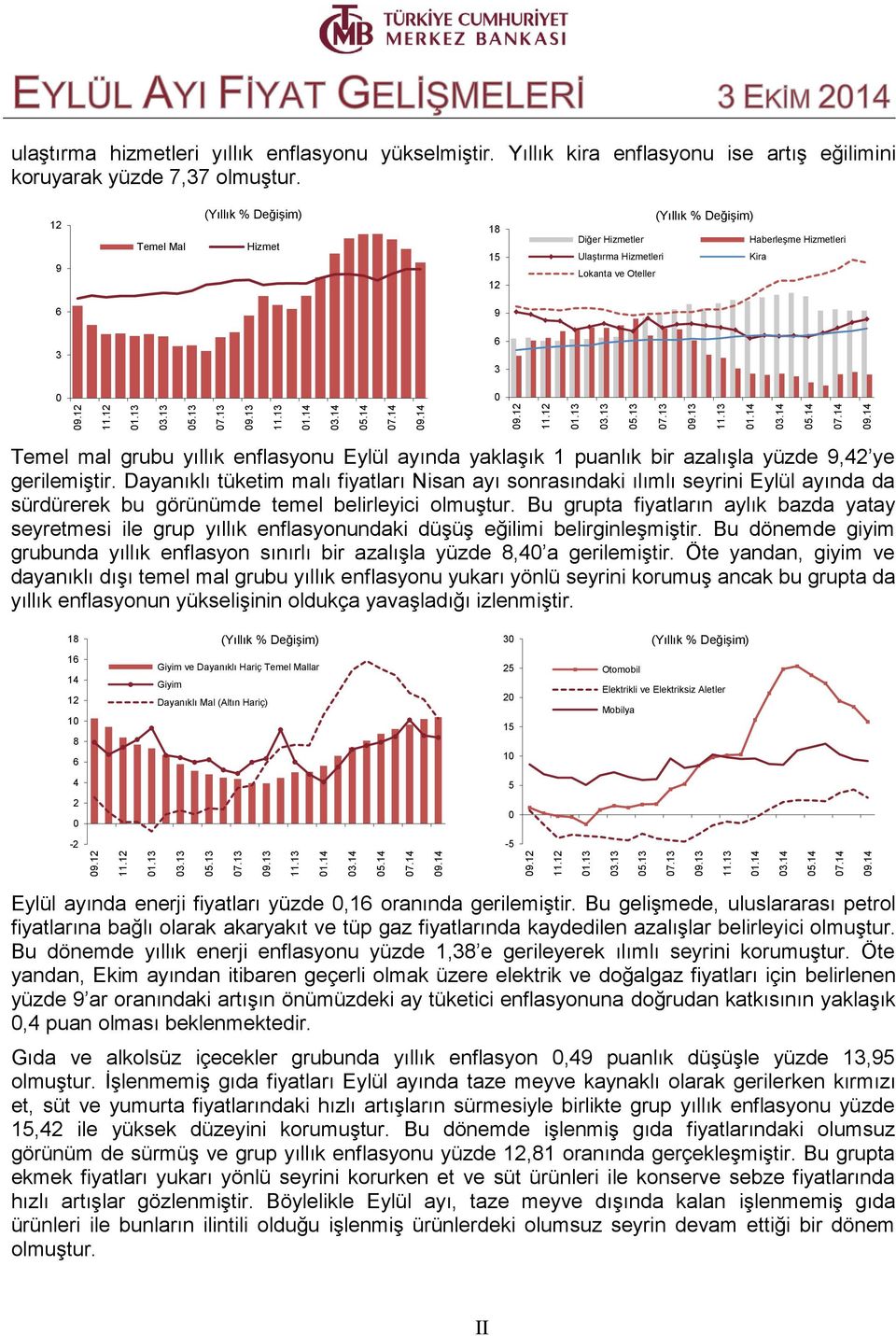 9 Temel Mal Hizmet 1 Diğer Hizmetler Haberleşme Hizmetleri Ulaştırma Hizmetleri Kira Lokanta ve Oteller 9 3 3 Temel mal grubu yıllık enflasyonu Eylül ayında yaklaşık 1 puanlık bir azalışla yüzde 9,