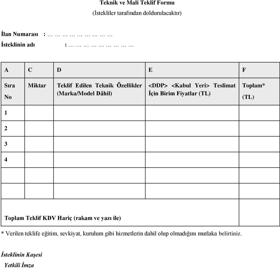 Birim Fiyatlar (TL) Toplam* (TL) 1 2 3 4 Toplam Teklif KDV Hariç (rakam ve yazı ile) * Verilen teklife