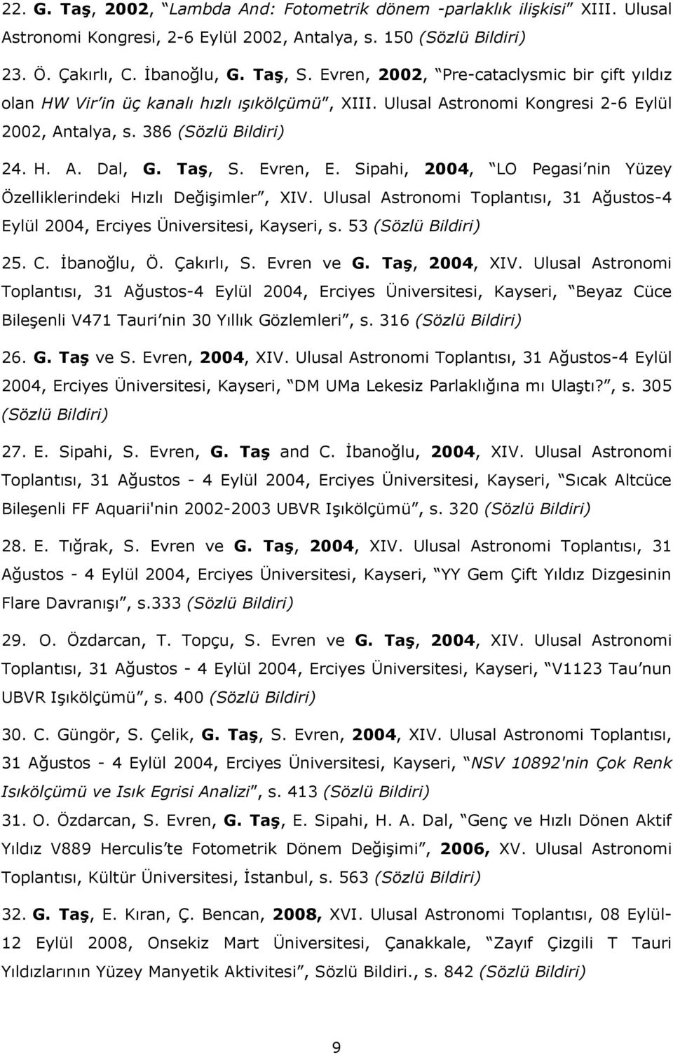 Sipahi, 2004, LO Pegasi nin Yüzey Özelliklerindeki Hızlı Değişimler, XIV. Ulusal Astronomi Toplantısı, 31 Ağustos-4 Eylül 2004, Erciyes Üniversitesi, Kayseri, s. 53 (Sözlü 25. C. İbanoğlu, Ö.