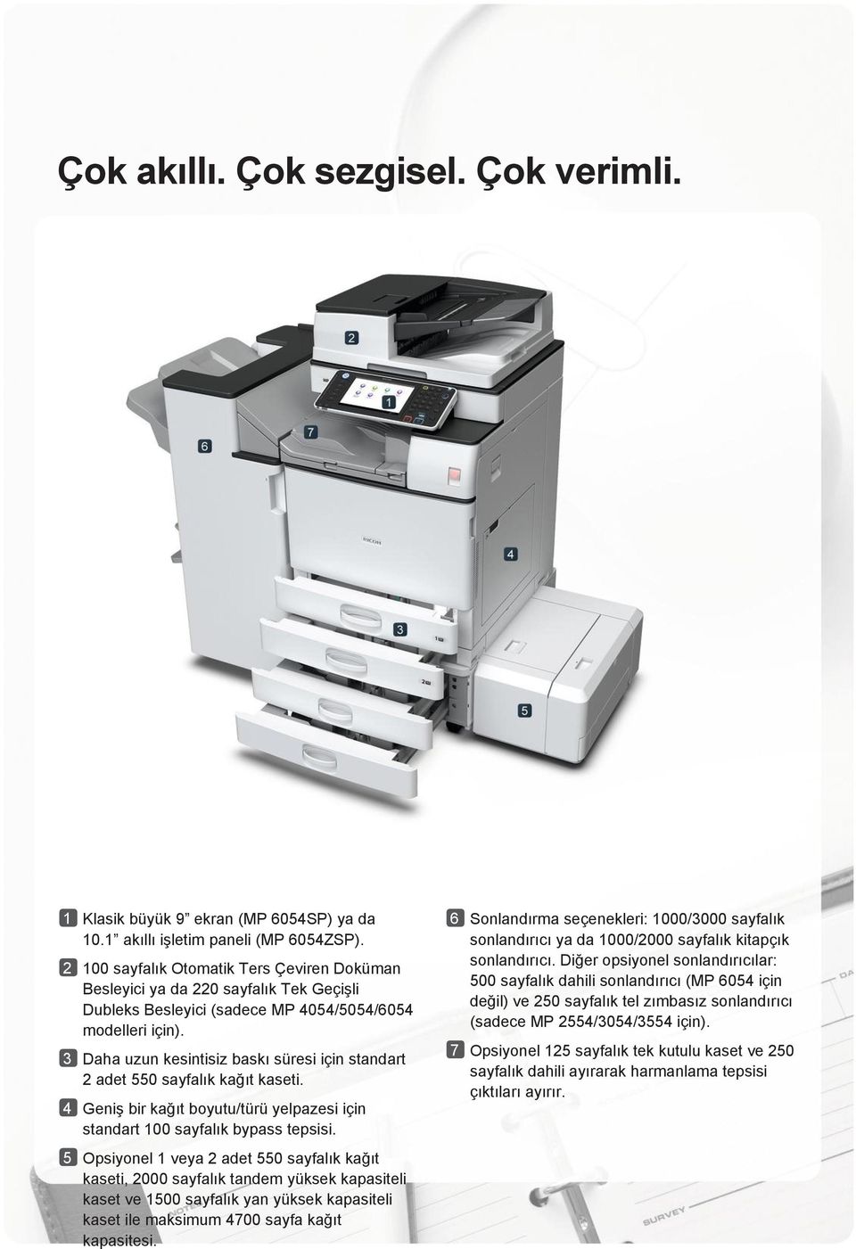 3 Daha uzun kesintisiz baskı süresi için standart 2 adet 550 sayfalık kağıt kaseti. 4 Geniş bir kağıt boyutu/türü yelpazesi için standart 100 sayfalık bypass tepsisi.