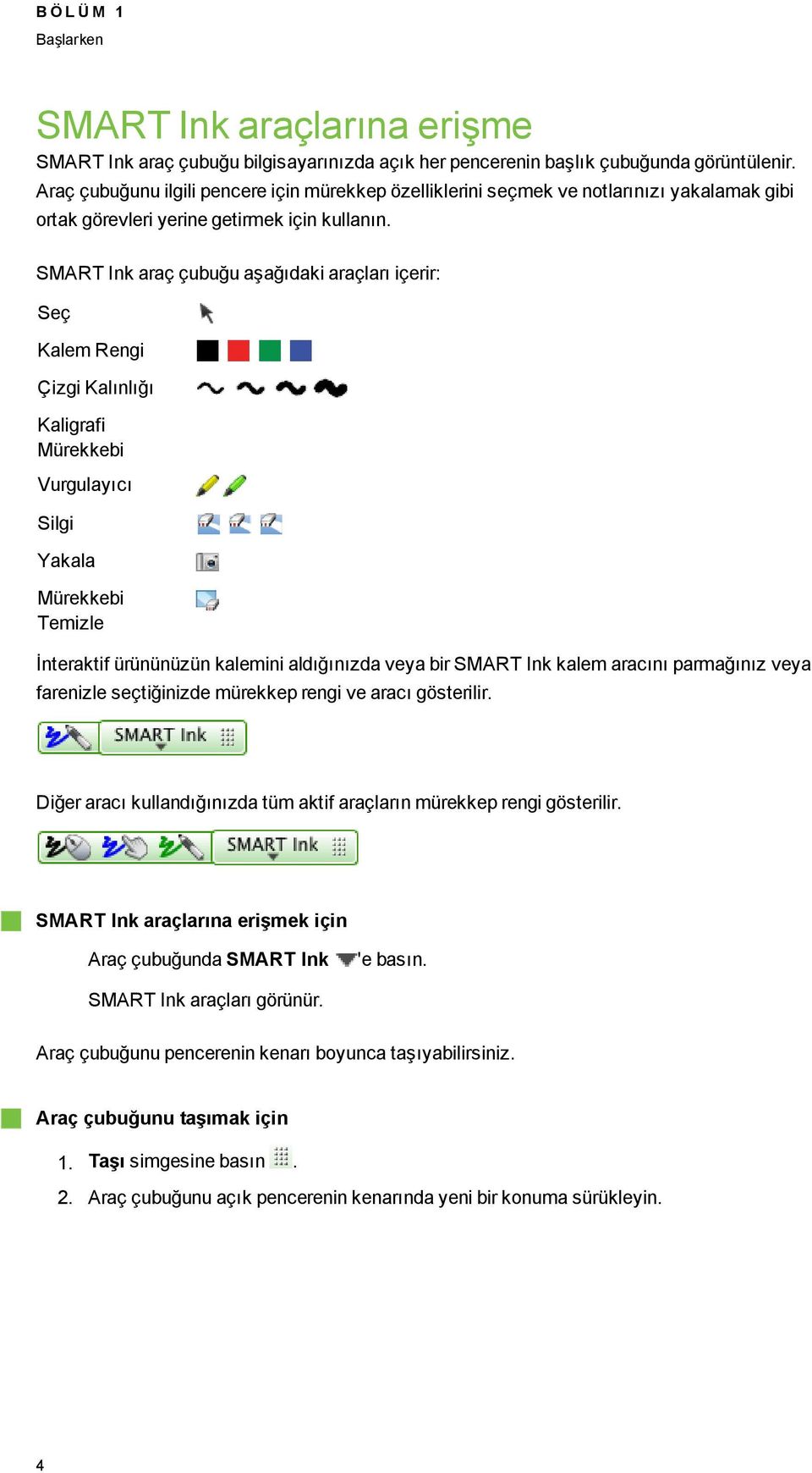 SMART Ink araç çubuğu aşağıdaki araçları içerir: Seç Kalem Reni Çizi Kalınlığı Kalirafi Mürekkebi Vurulayıcı Sili Yakala Mürekkebi Temizle İnteraktif ürününüzün kalemini aldığınızda veya bir SMART