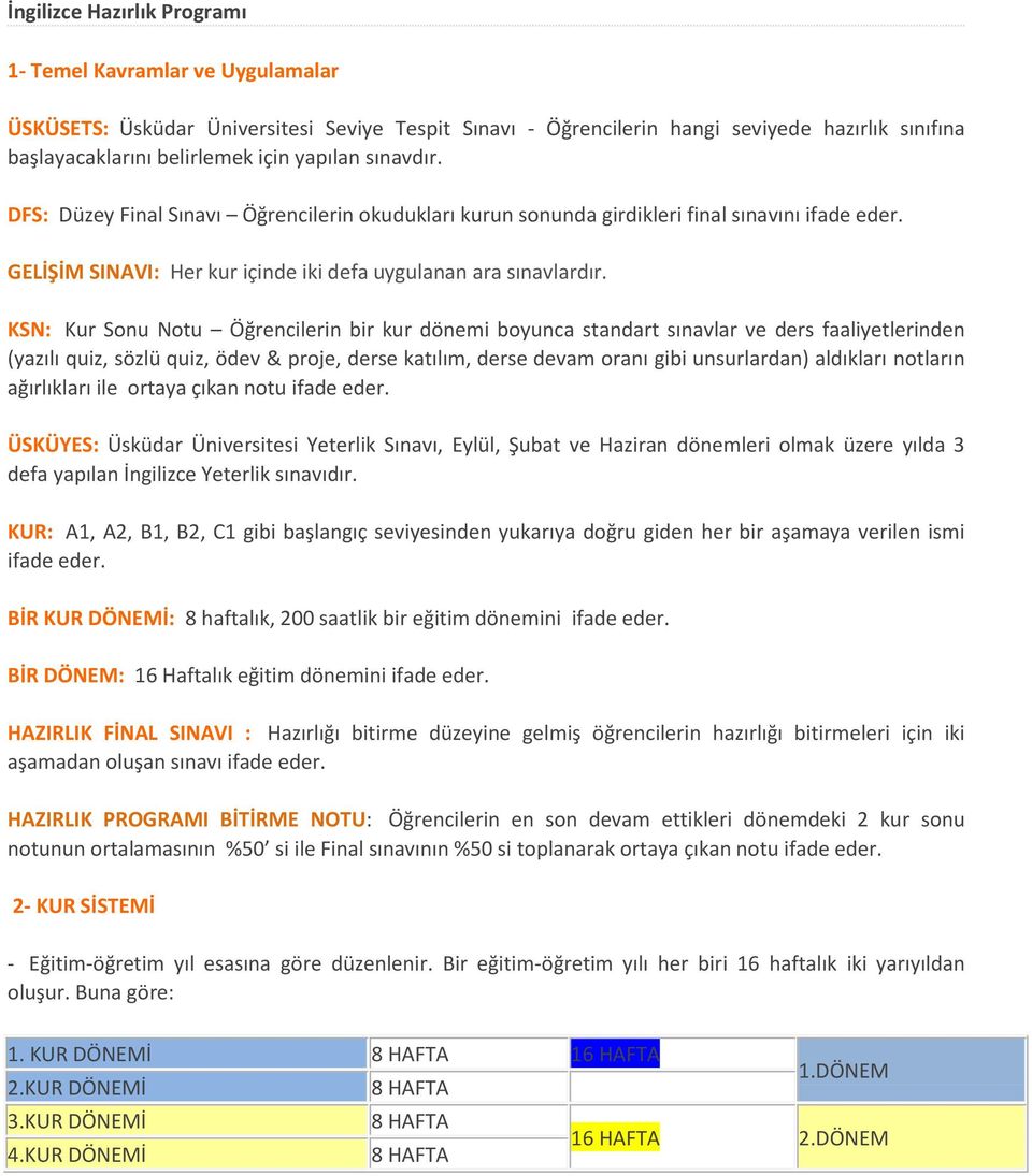 KSN: Kur Sonu Notu Öğrencilerin bir kur dönemi boyunca standart sınavlar ve ders faaliyetlerinden (yazılı quiz, sözlü quiz, ödev & proje, derse katılım, derse devam oranı gibi unsurlardan) aldıkları