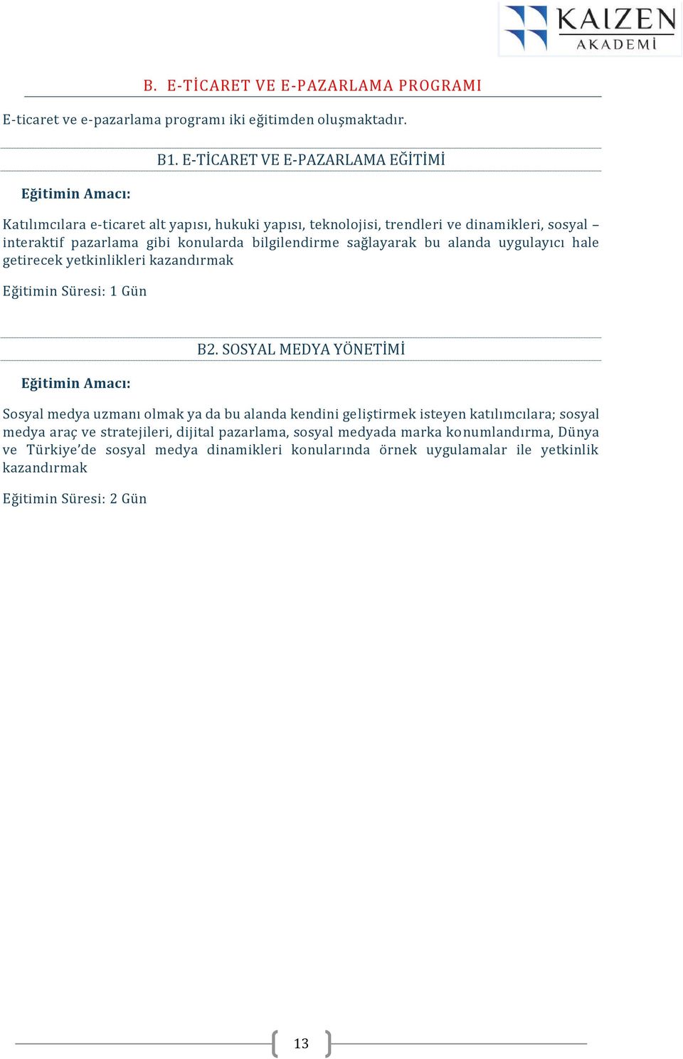 bilgilendirme sağlayarak bu alanda uygulayıcı hale getirecek yetkinlikleri kazandırmak Eğitimin Süresi: 1 Gün B2.