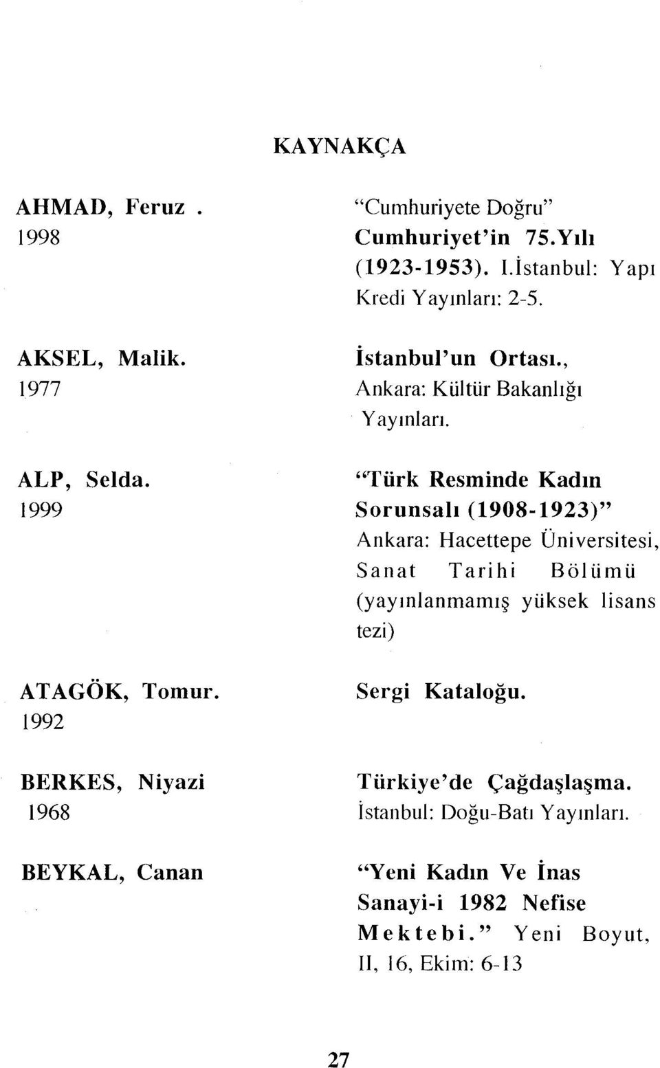 1992 BERKES, Niyazi 1968 BEYKAL, Canan "Türk Resminde Kadın Sorunsalı (1908-1923)" Ankara: Hacettepe Üniversitesi, Sanat Tarihi Bölümü