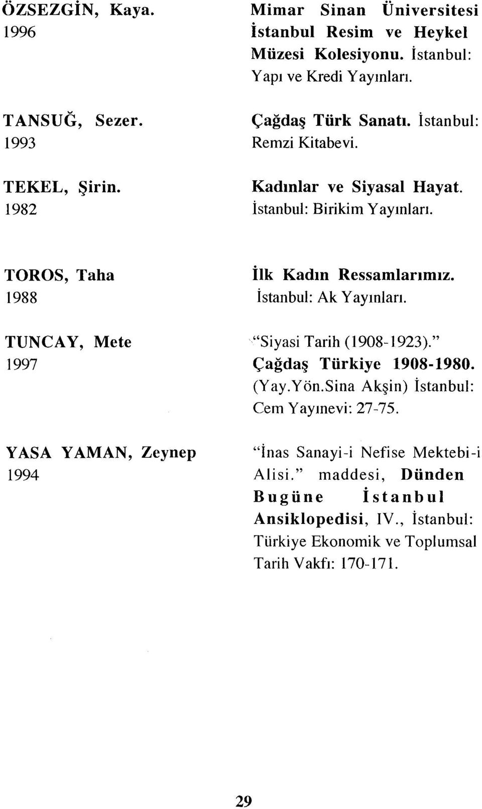TOROS, Taha 1988 TUNCAY, Mete 1997 YASA YAMAN, Zeynep 1994 İlk Kadın Ressamlarımız. İstanbul: Ak Yayınları. "Siyasi Tarih (1908-1923).