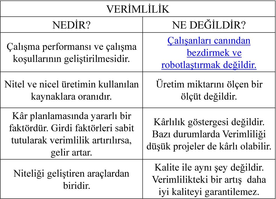 Kâr planlamasında yararlı bir faktördür. Girdi faktörleri sabit tutularak verimlilik artırılırsa, gelir artar.