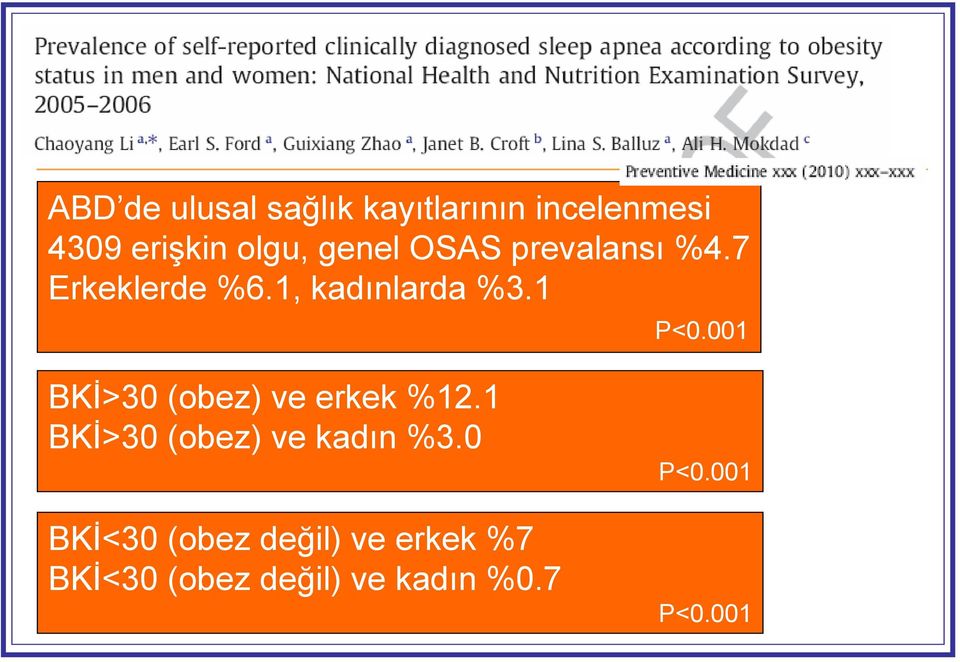 001 BKİ>30 (obez) ve erkek %12.1 BKİ>30 (obez) ve kadın %3.