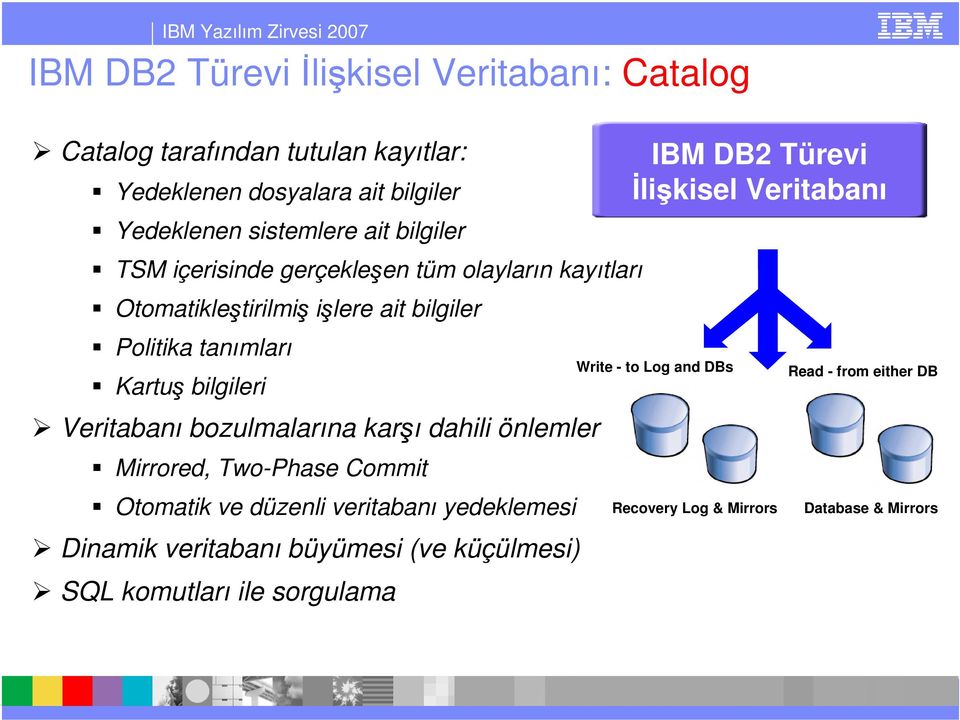 bozulmalarına karşı dahili önlemler Mirrored, Two-Phase Commit Otomatik ve düzenli veritabanı yedeklemesi Dinamik veritabanı büyümesi (ve