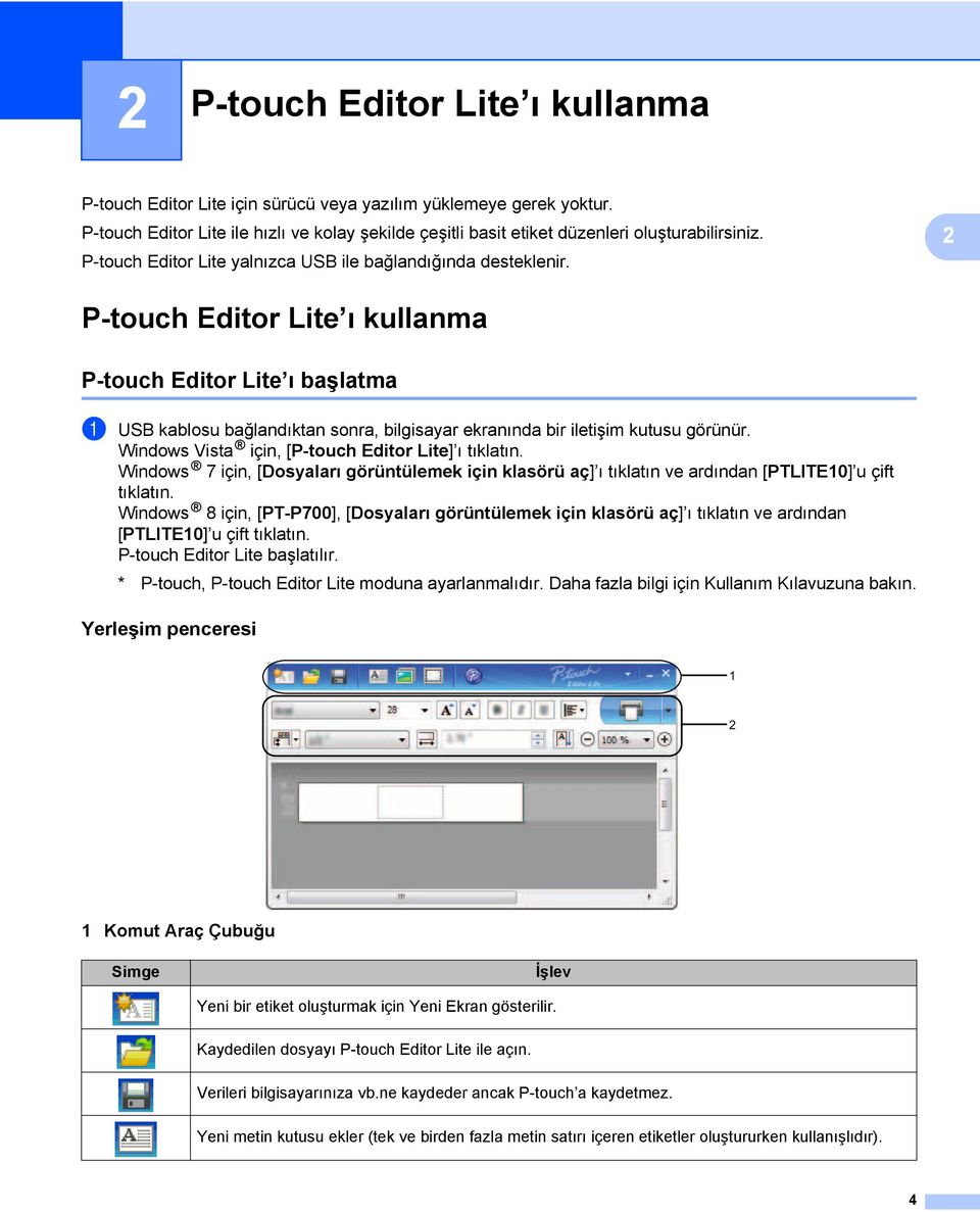 2 P-touch Editor Lite ı kullanma 2 P-touch Editor Lite ı başlatma 2 1 USB kablosu bağlandıktan sonra, bilgisayar ekranında bir iletişim kutusu görünür.
