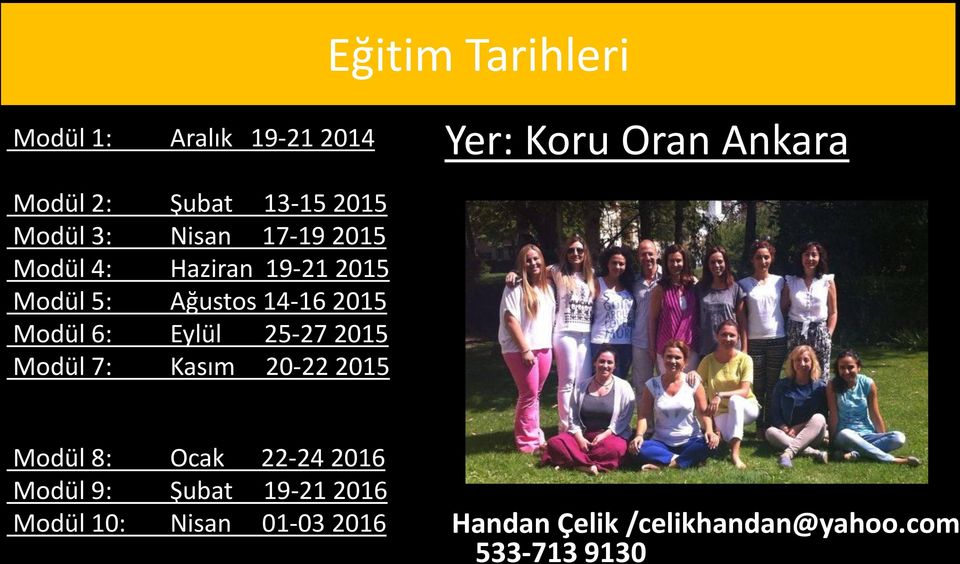 Modül 6: Eylül 25-27 2015 Modül 7: Kasım 20-22 2015 Modül 8: Ocak 22-24 2016 Modül 9: