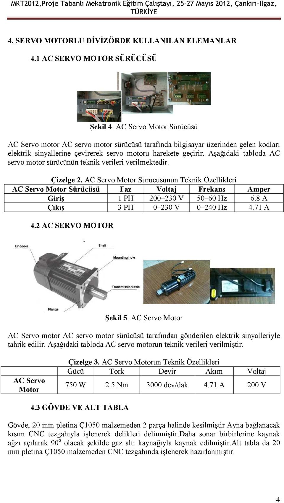 Aşağıdaki tabloda AC servo motor sürücünün teknik verileri verilmektedir. Çizelge 2.