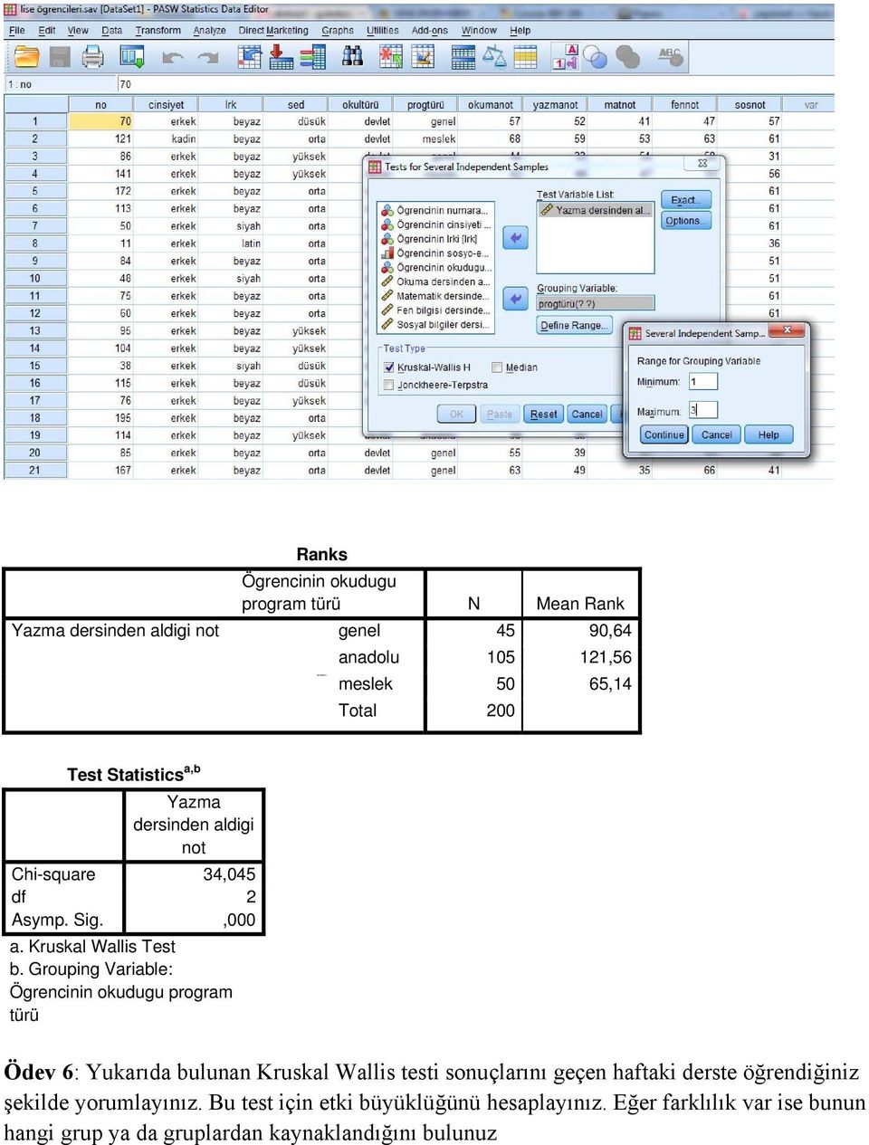 Grouping Variable: Ögrencinin okudugu program türü Ödev 6: Yukarıda bulunan Kruskal Wallis testi sonuçlarını geçen haftaki derste