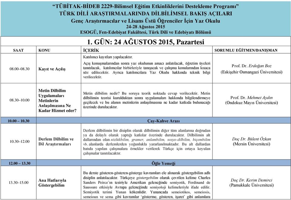 Açış konuşmalarından sonra yaz okulunun amacı anlatılacak, öğretim üyeleri tanıtılacak, katılımcılar birbirleriyle tanışacak ve çalışma konularından kısaca söz edilecektir.