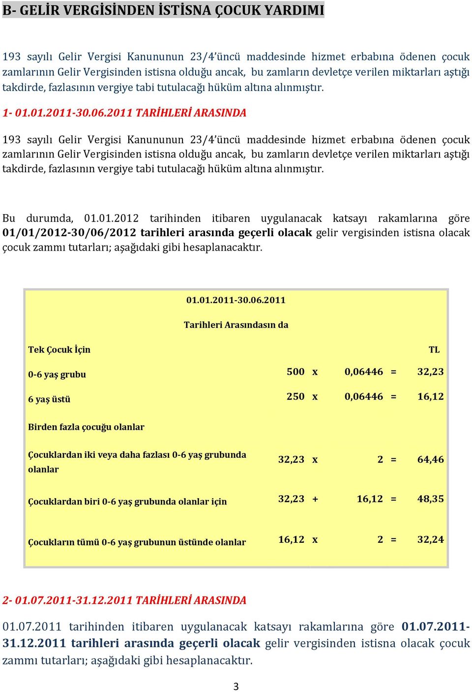 2011 TARİHLERİ ARASINDA 193 sayılı Gelir Vergisi Kanununun 23/4 üncü maddesinde hizmet erbabına ödenen çocuk zamlarının Gelir Vergisinden istisna olduğu ancak, bu zamların devletçe verilen miktarları