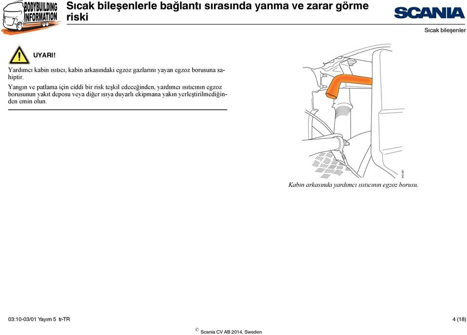 Yangın ve patlama için ciddi bir risk teşkil edeceğinden, yardımcı ısıtıcının egzoz borusunun