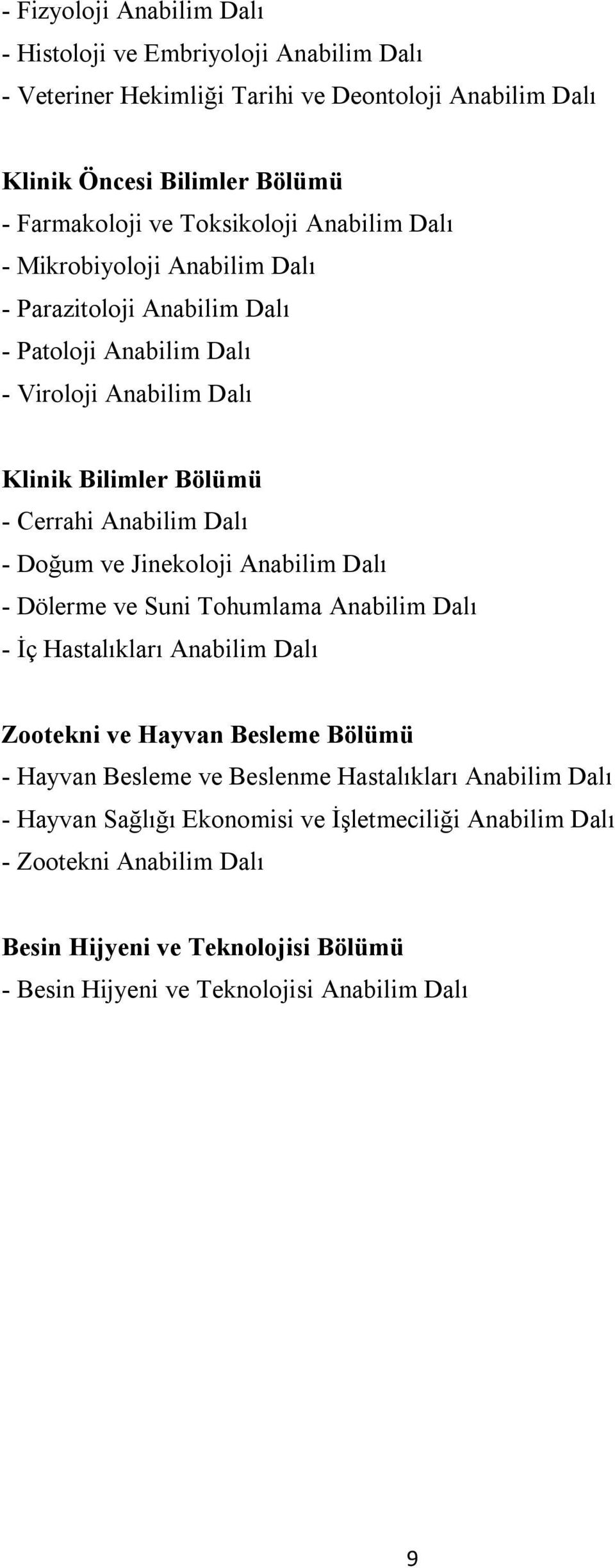 Dalı - Doğum ve Jinekoloji Anabilim Dalı - Dölerme ve Suni Tohumlama Anabilim Dalı - İç Hastalıkları Anabilim Dalı Zootekni ve Hayvan Besleme Bölümü - Hayvan Besleme ve Beslenme