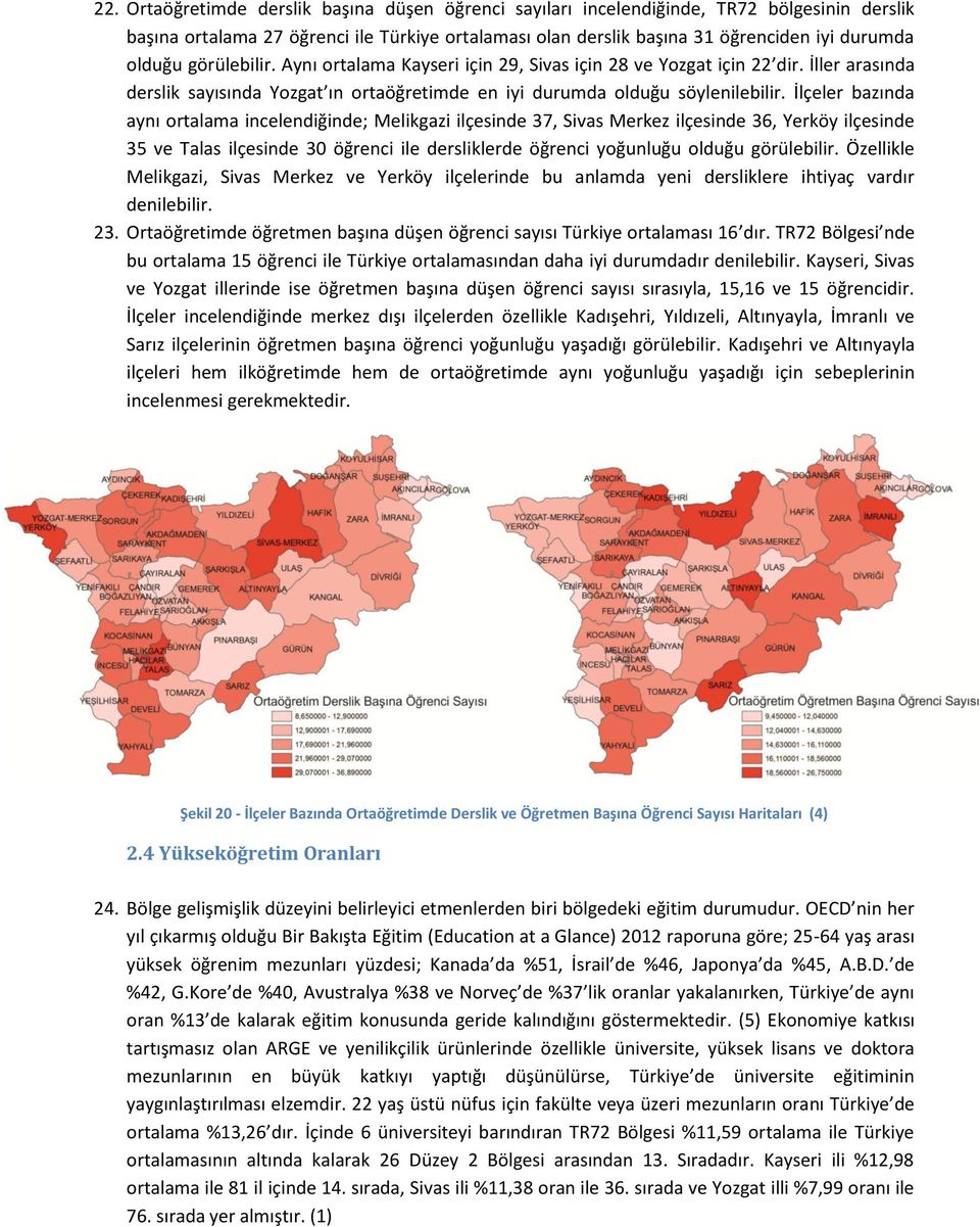 İlçeler bazında aynı ortalama incelendiğinde; Melikgazi ilçesinde 37, Sivas Merkez ilçesinde 36, Yerköy ilçesinde 35 ve Talas ilçesinde 30 öğrenci ile dersliklerde öğrenci yoğunluğu olduğu