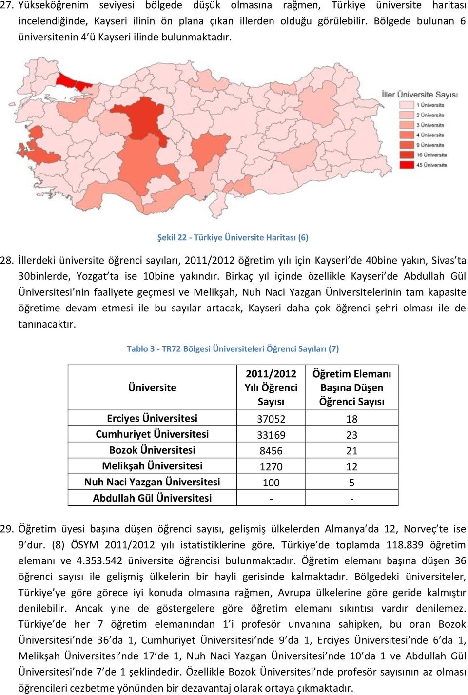 İllerdeki üniversite öğrenci sayıları, 2011/2012 öğretim yılı için Kayseri de 40bine yakın, Sivas ta 30binlerde, Yozgat ta ise 10bine yakındır.