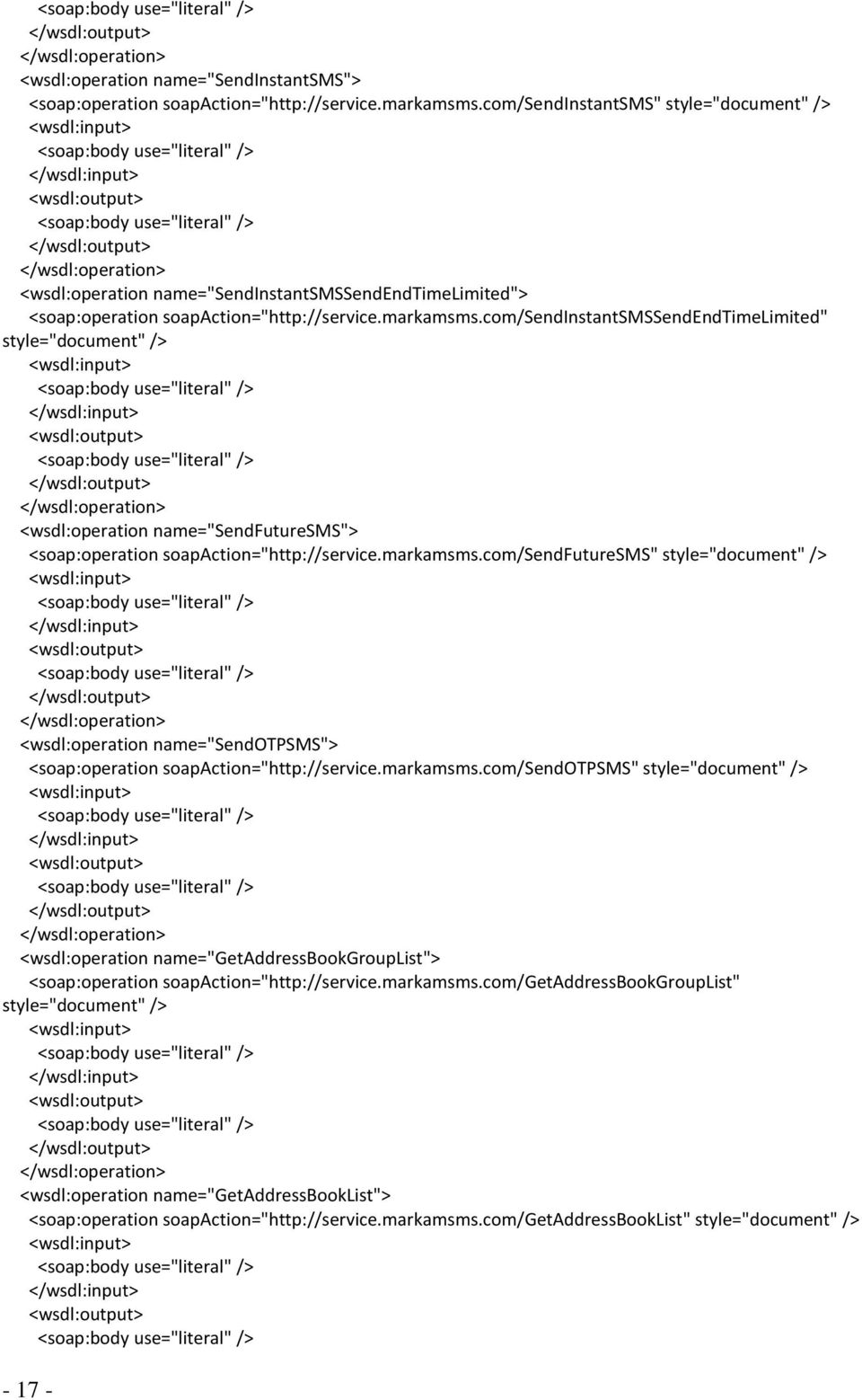 com/sendinstantsmssendendtimelimited" style="document" /> <wsdl:operation name="sendfuturesms"> <soap:operation soapaction="http://service.markamsms.