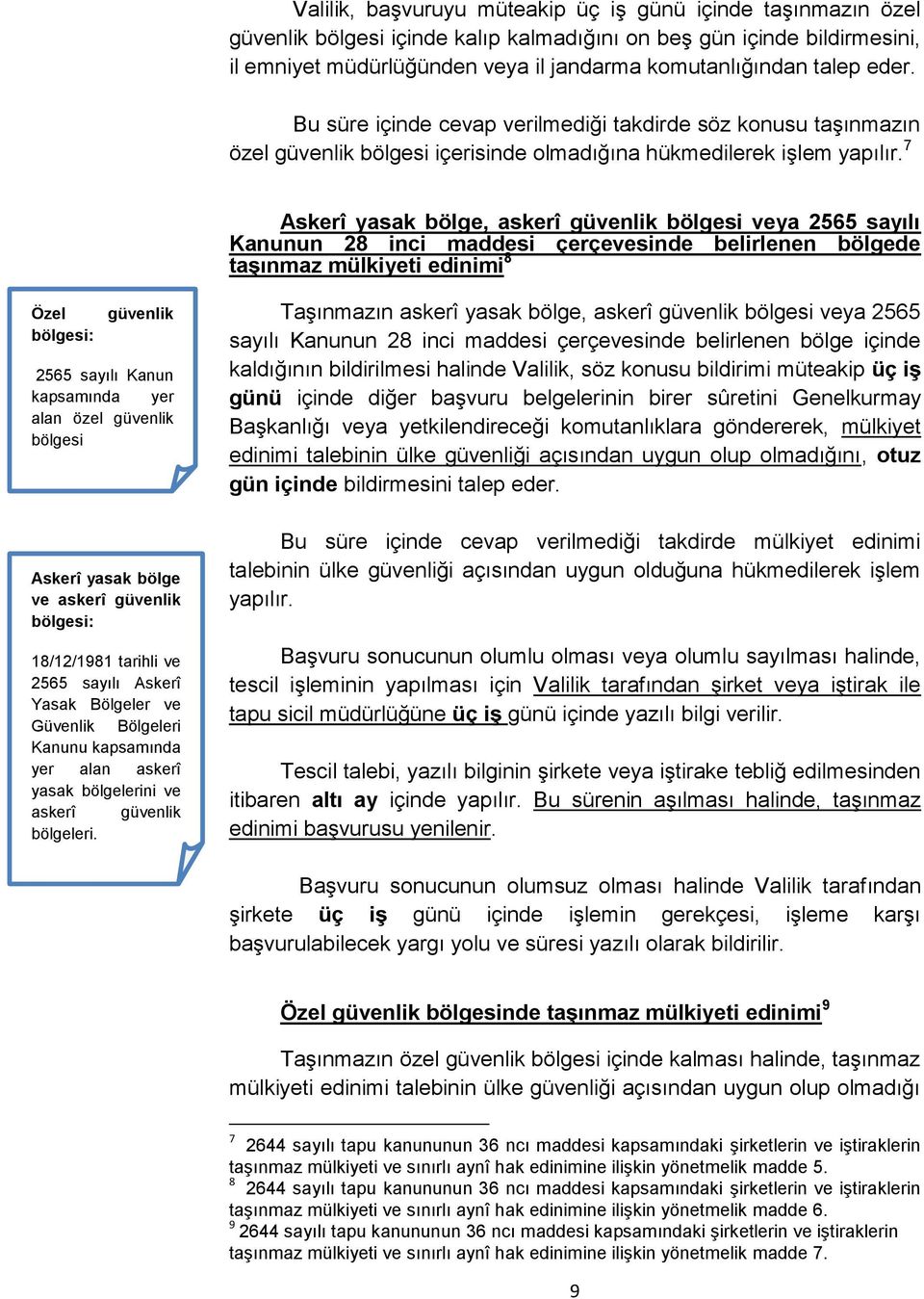 7 Askerî yasak bölge, askerî güvenlik bölgesi veya 2565 sayılı Kanunun 28 inci maddesi çerçevesinde belirlenen bölgede taşınmaz mülkiyeti edinimi 8 Özel bölgesi: güvenlik 2565 sayılı Kanun kapsamında