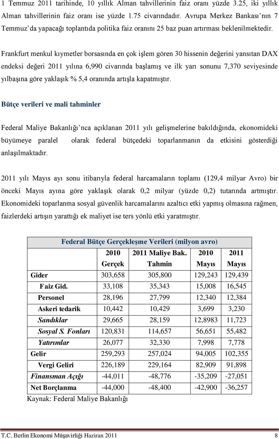 Frankfurt menkul kıymetler borsasında en çok işlem gören 30 hissenin değerini yansıtan DAX endeksi değeri 2011 yılına 6,990 civarında başlamış ve ilk yarı sonunu 7,370 seviyesinde yılbaşına göre