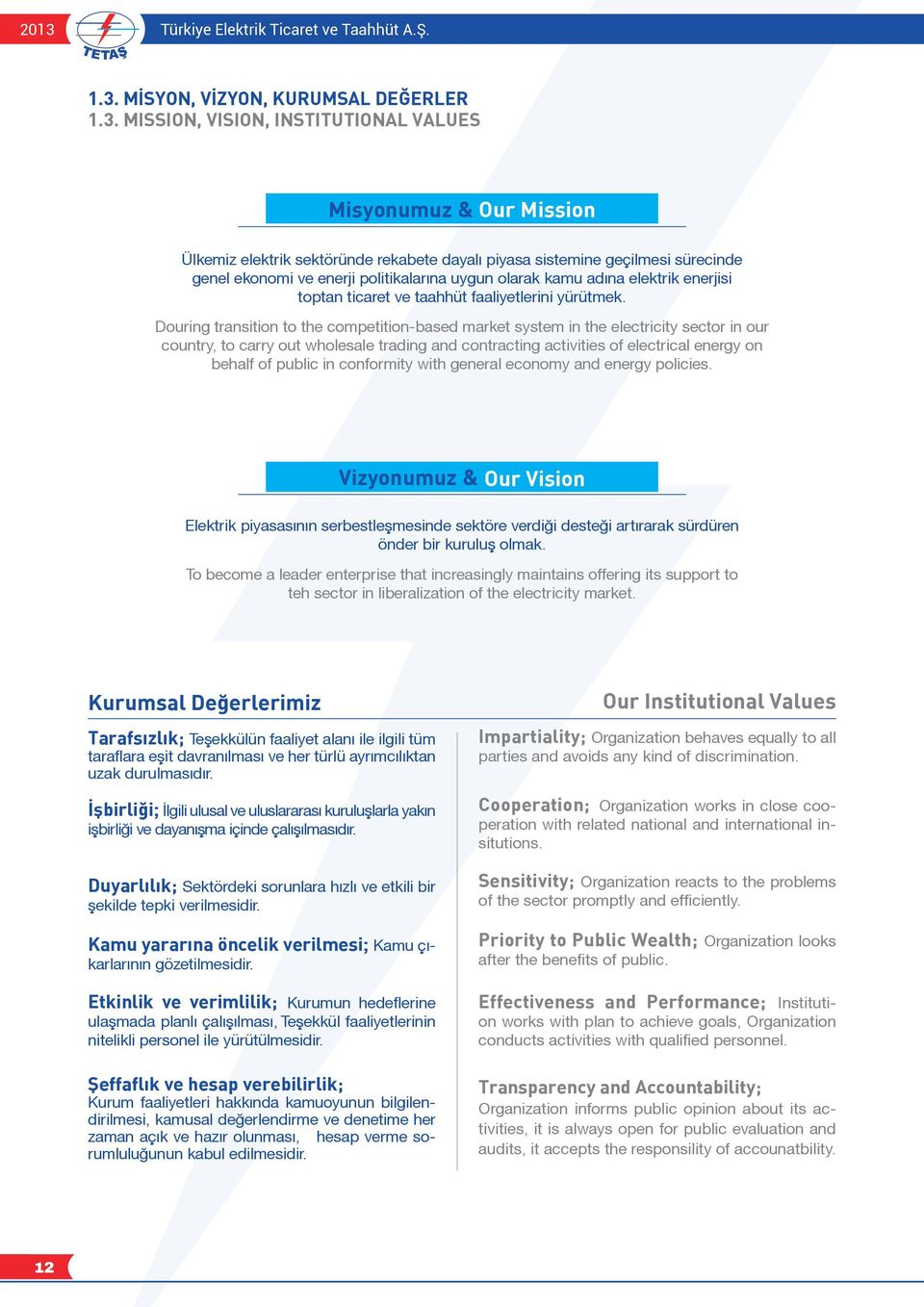 MISSION, VISION, INSTITUTIONAL VALUES Misyonumuz & Our Mission Ülkemiz elektrik sektöründe rekabete dayalı piyasa sistemine geçilmesi sürecinde genel ekonomi ve enerji politikalarına uygun olarak