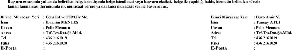 Birinci Müracaat Yeri : Ceza İnf.ve FTM.Br.Me. : İbrahim MENTEŞ Unvan : Polis Memuru Adres : Trf.Tes.Dnt.Şb.Müd.