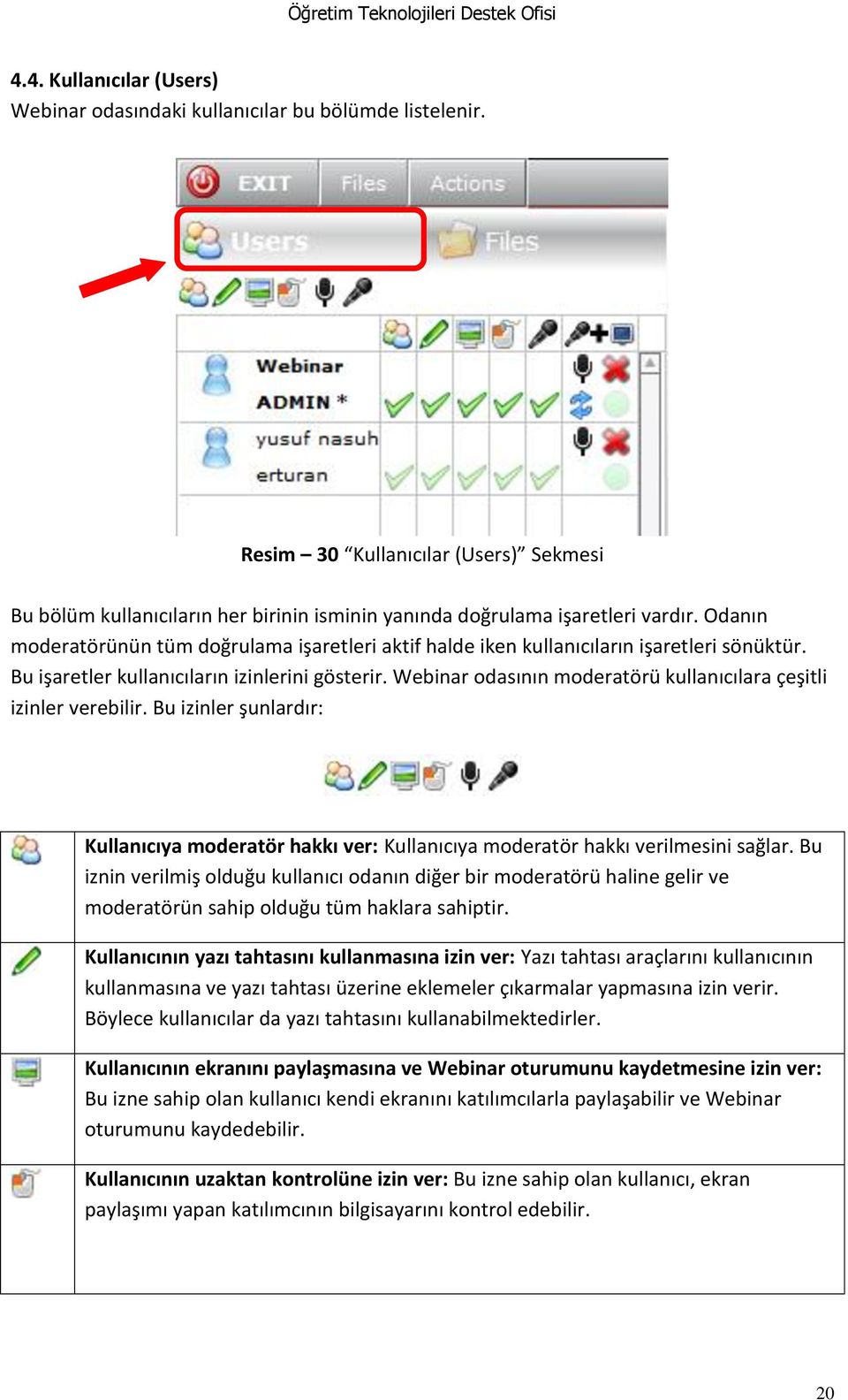 Webinar odasının moderatörü kullanıcılara çeşitli izinler verebilir. Bu izinler şunlardır: Kullanıcıya moderatör hakkı ver: Kullanıcıya moderatör hakkı verilmesini sağlar.