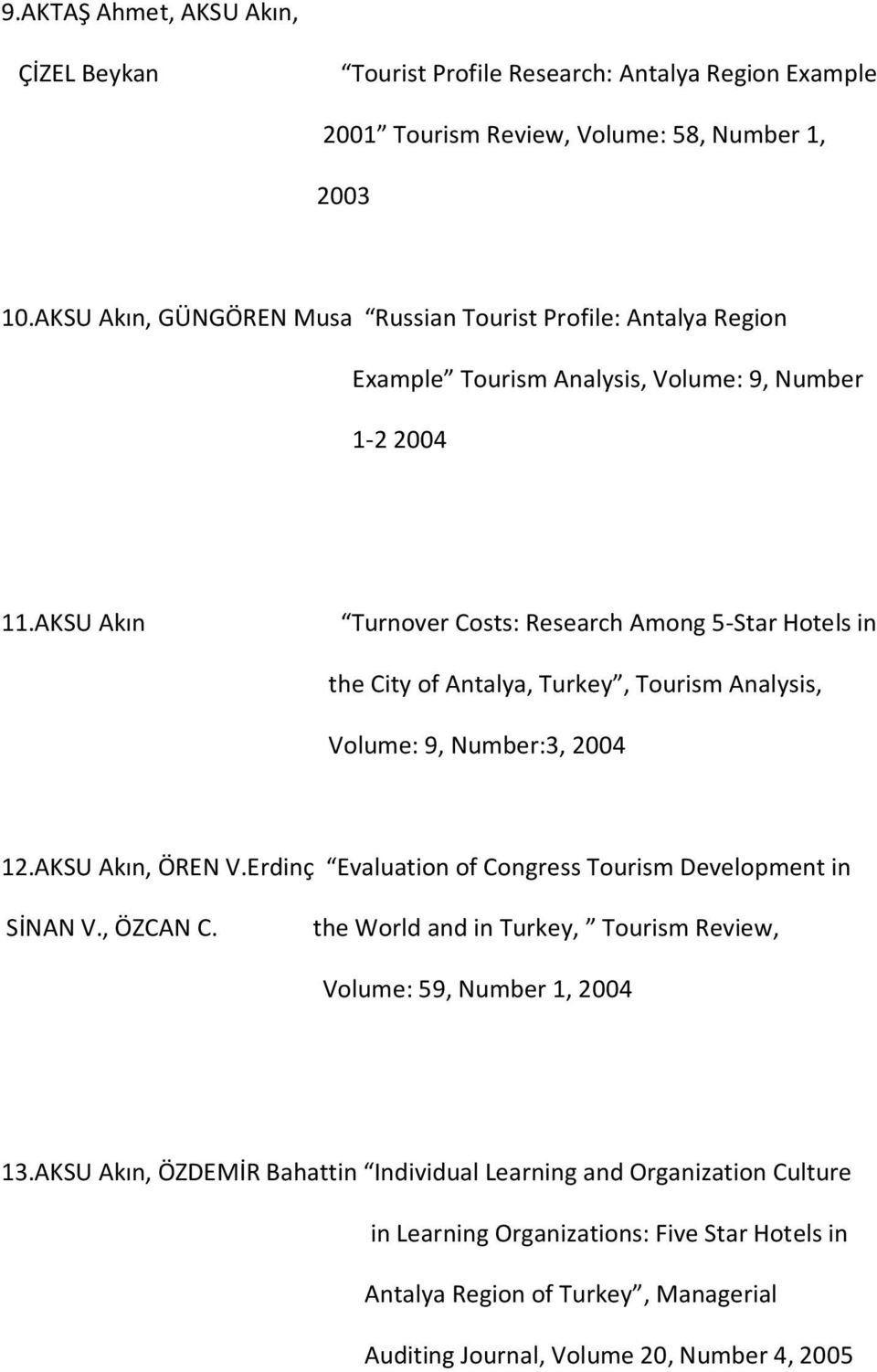 AKSU Akın Turnover Costs: Research Among 5-Star Hotels in the City of Antalya, Turkey, Tourism Analysis, Volume: 9, Number:3, 2004 12.AKSU Akın, ÖREN V.