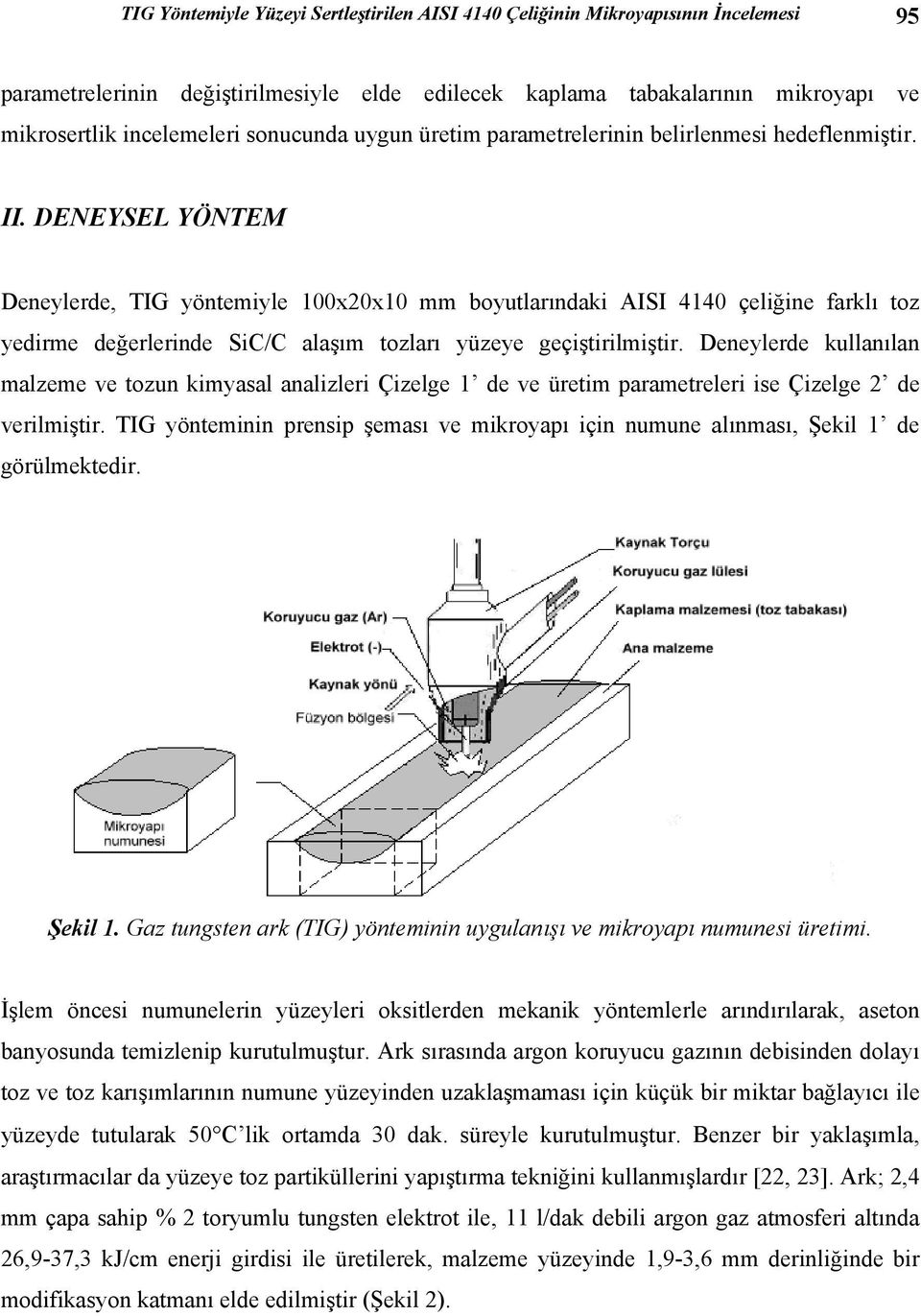 DENEYSEL YÖNTEM Deneylerde, TIG yöntemiyle 100x20x10 mm boyutlarındaki AISI 4140 çeliğine farklı toz yedirme değerlerinde SiC/C alaşım tozları yüzeye geçiştirilmiştir.