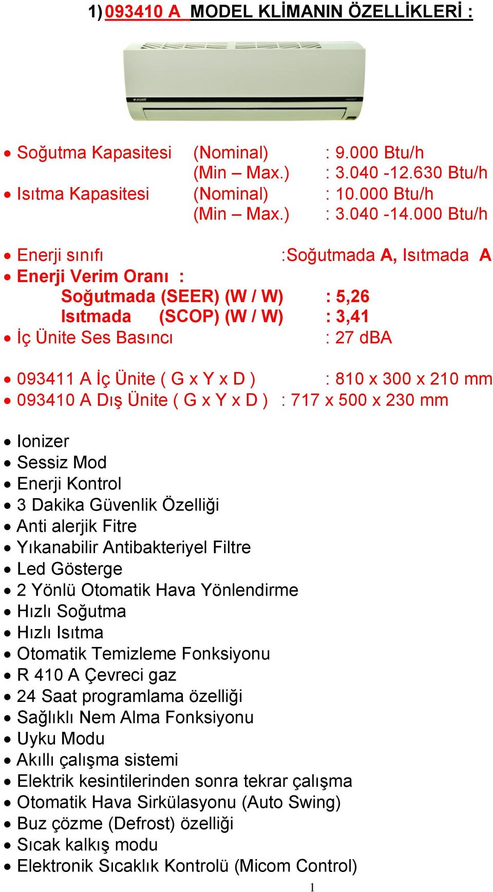 000 Btu/h :Soğutmada A, Isıtmada A Soğutmada (SEER) (W / W) : 5,26 Isıtmada (SCOP) (W / W) : 3,41 : 27 dba