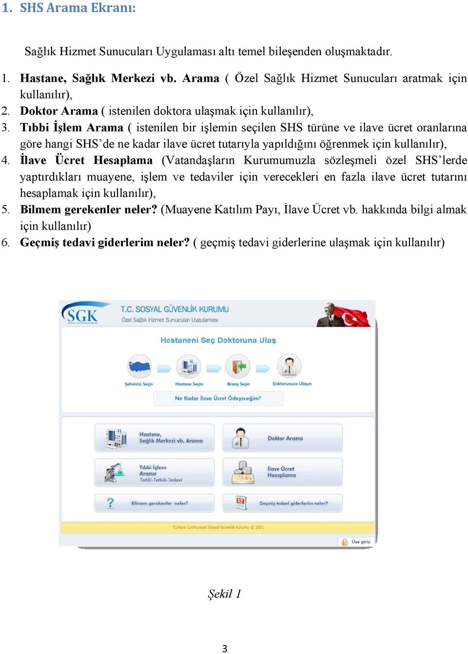 Tıbbi İşlem Arama ( istenilen bir işlemin seçilen SHS türüne ve ilave ücret oranlarına göre hangi SHS de ne kadar ilave ücret tutarıyla yapıldığını öğrenmek için kullanılır), 4.