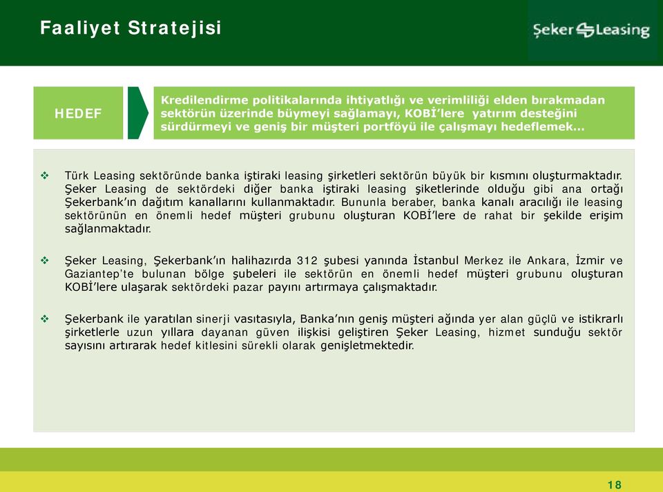 Şeker Leasing de sektördeki diğer banka iştiraki leasing şiketlerinde olduğu gibi ana ortağı Şekerbank ın dağıtım kanallarını kullanmaktadır.