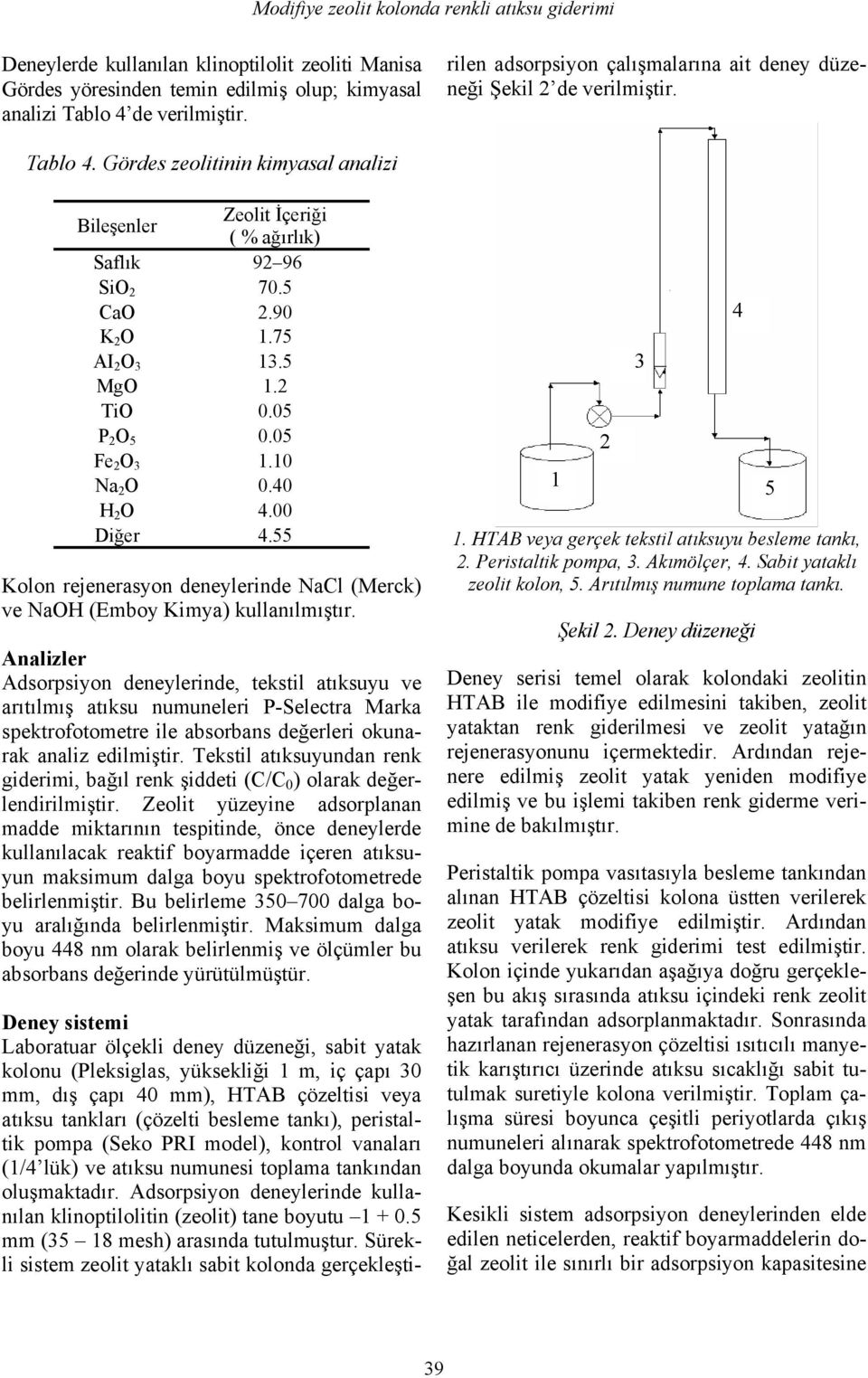 peristaltik pompa (Seko PRI model), kontrol vanaları (1/4 lük) ve atıksu numunesi toplama tankından oluşmaktadır. Adsorpsiyon deneylerinde kullanılan klinoptilolitin (zeolit) tane boyutu 1 + 0.