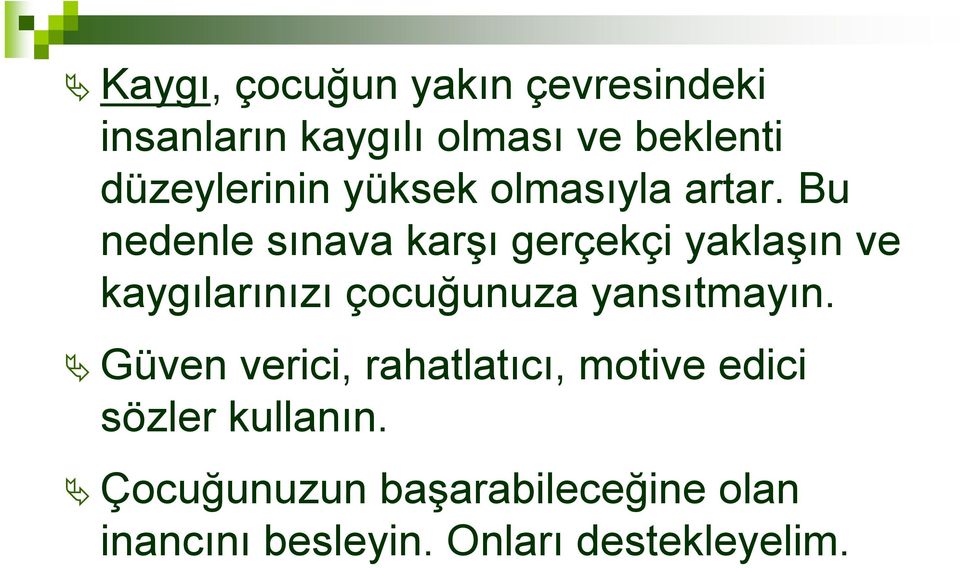 Bu nedenle sınava karşı gerçekçi yaklaşın ve kaygılarınızı çocuğunuza