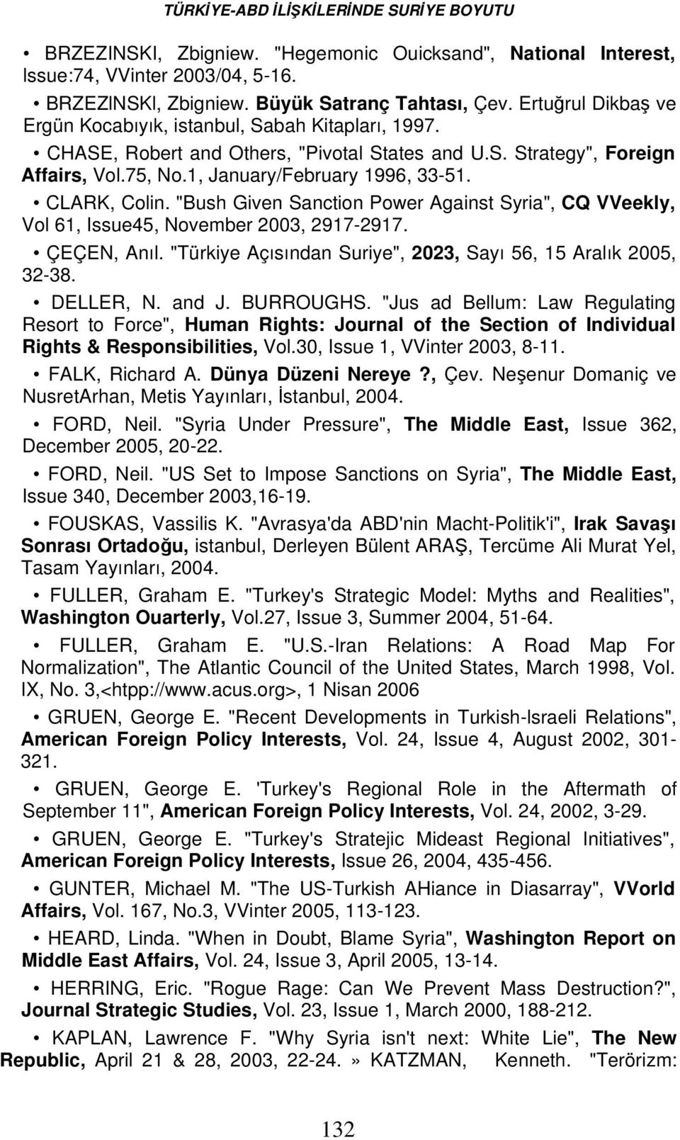 CLARK, Colin. "Bush Given Sanction Power Against Syria", CQ VVeekly, Vol 61, Issue45, November 2003, 2917-2917. ÇEÇEN, Anıl. "Türkiye Açısından Suriye", 2023, Sayı 56, 15 Aralık 2005, 32-38.