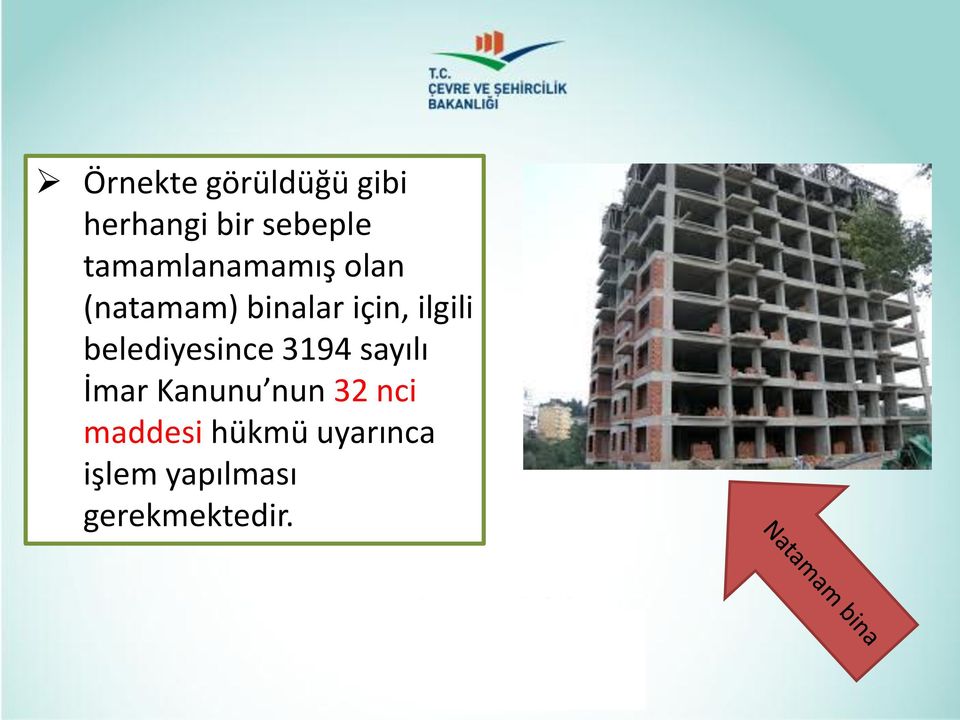 ilgili belediyesince 3194 sayılı İmar Kanunu nun