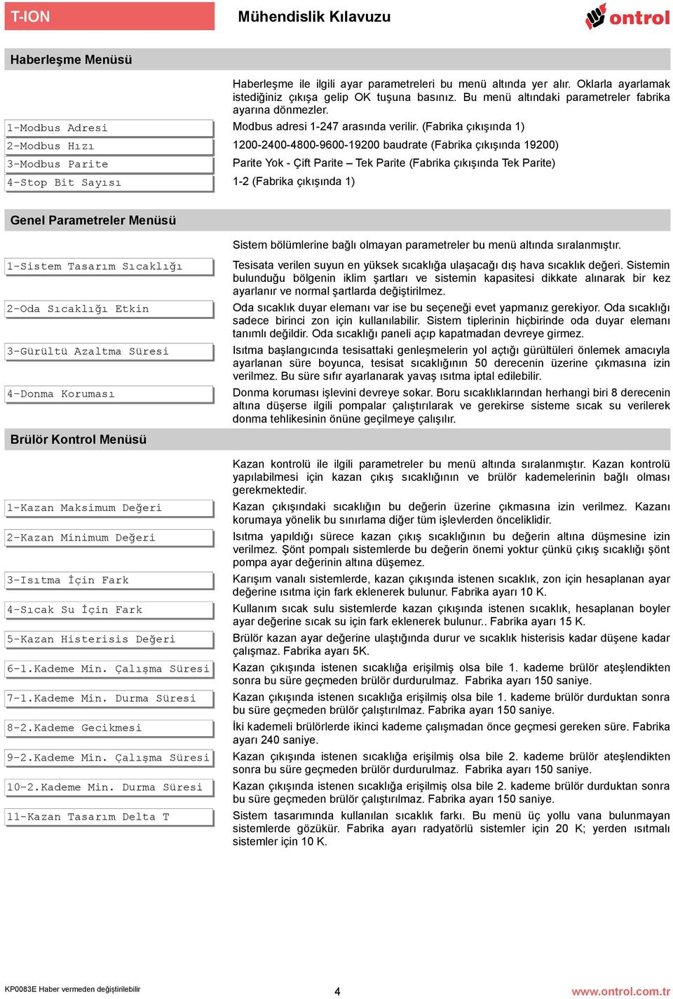 (Fabrika çıkışında 1) 2Modbus Hızı 120024004800960019200 baudrate (Fabrika çıkışında 19200) 3Modbus Parite Parite Yok Çift Parite Tek Parite (Fabrika çıkışında Tek Parite) 4Stop Bit Sayısı 12