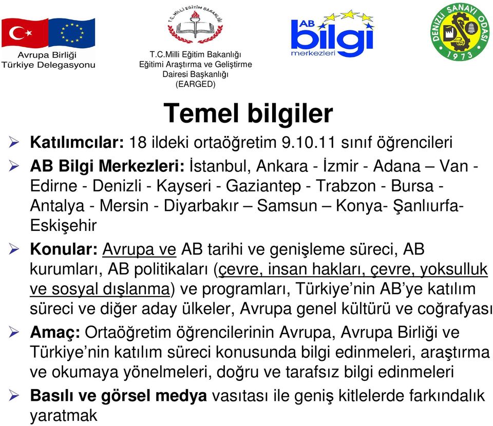 Konya-Şanlıurfa- Eskişehir Konular: Avrupa ve AB tarihi ve genişleme süreci, AB kurumları, AB politikaları (çevre, insan hakları, çevre, yoksulluk ve sosyal dışlanma) ve programları, Türkiye