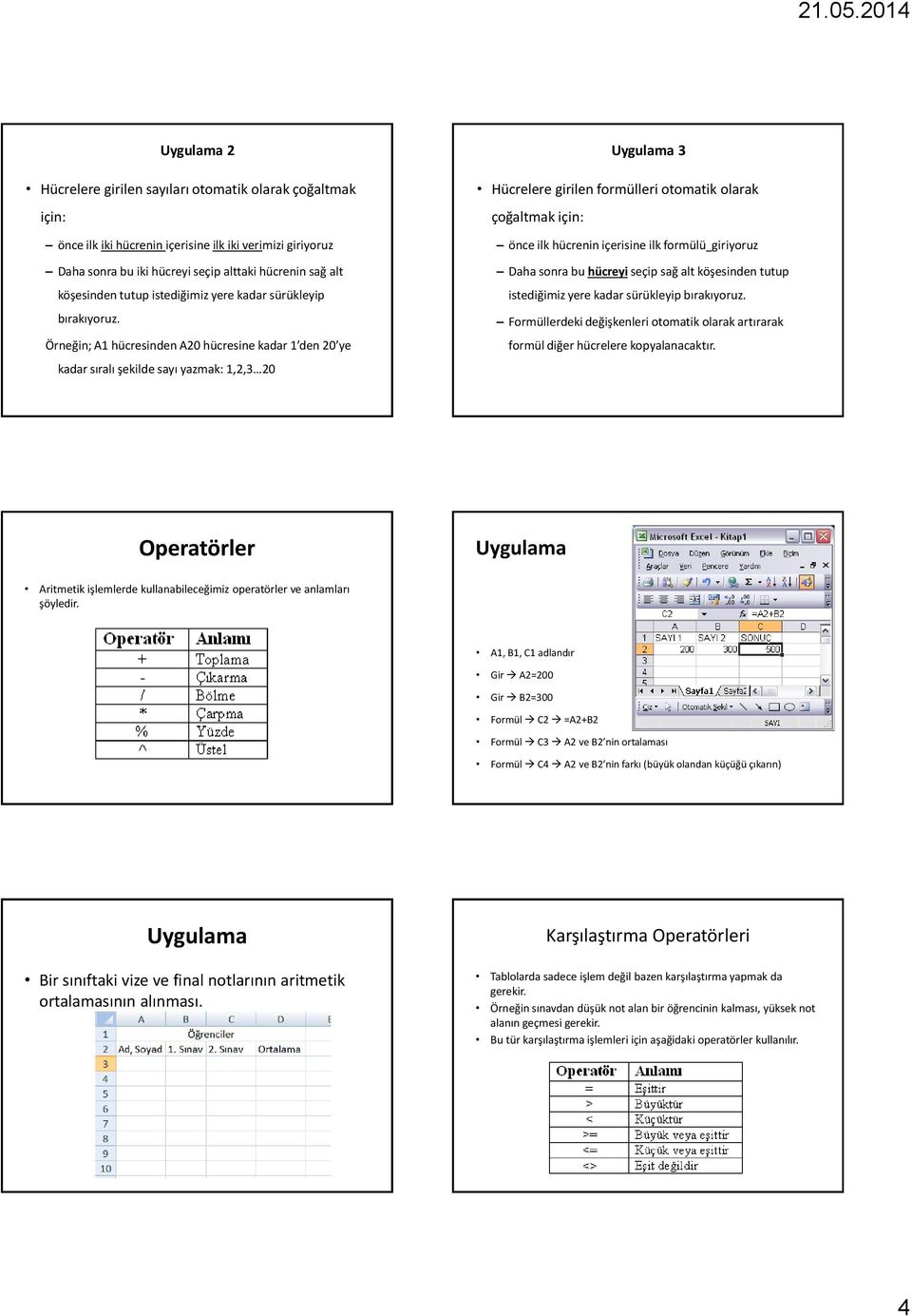 Örneğin; A1 hücresinden A20 hücresine kadar 1 den 20 ye kadar sıralı şekilde sayı yazmak: 1,2,3 20 Uygulama 3 Hücrelere girilen formülleri otomatik olarak çoğaltmak için: önce ilk hücrenin içerisine