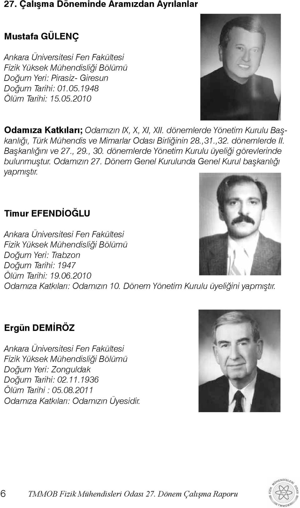 , 29., 30. dönemlerde Yönetim Kurulu üyeliği görevlerinde bulunmuştur. Odamızın 27. Dönem Genel Kurulunda Genel Kurul başkanlığı yapmıştır.