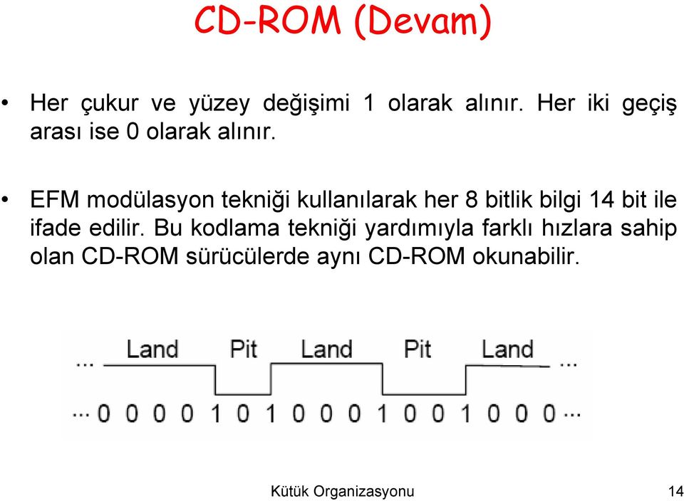 EFM modülasyon tekniği kullanılarak her 8 bitlik bilgi 14 bit ile ifade