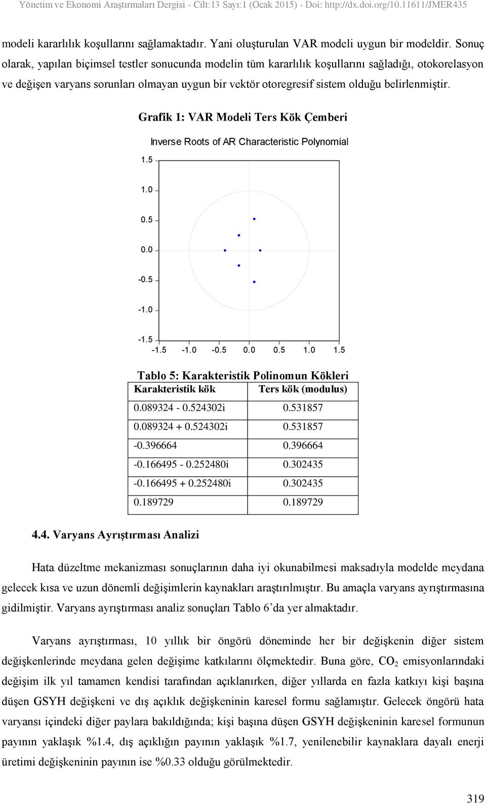 belirlenmiştir. Grafik 1: VAR Modeli Ters Kök Çemberi 1.5 Inverse Roots of AR Characteristic Polynomial 1.0 0.5 0.0-0.5-1.0-1.5-1.5-1.0-0.5 0.0 0.5 1.0 1.