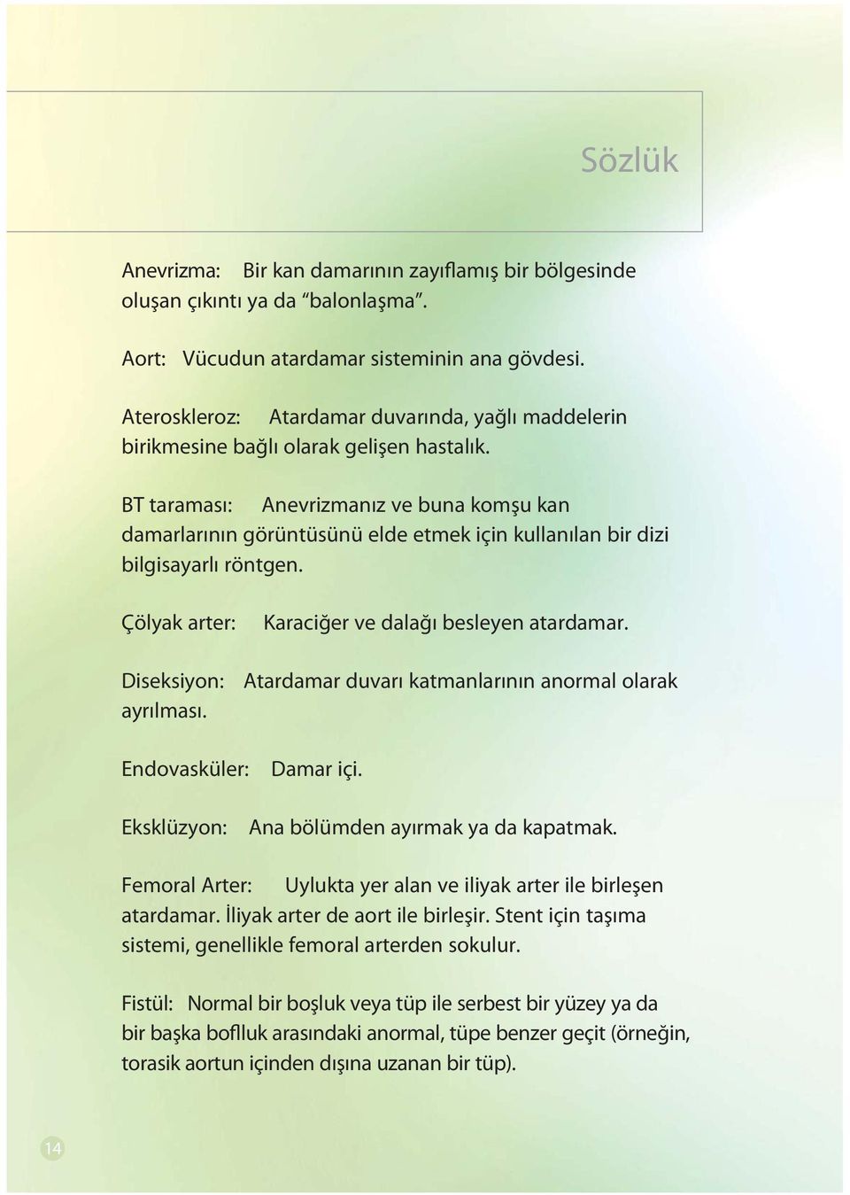 BT taraması: Anevrizmanız ve buna komşu kan damarlarının görüntüsünü elde etmek için kullanılan bir dizi bilgisayarlı röntgen. Çölyak arter: Diseksiyon: ayrılması.